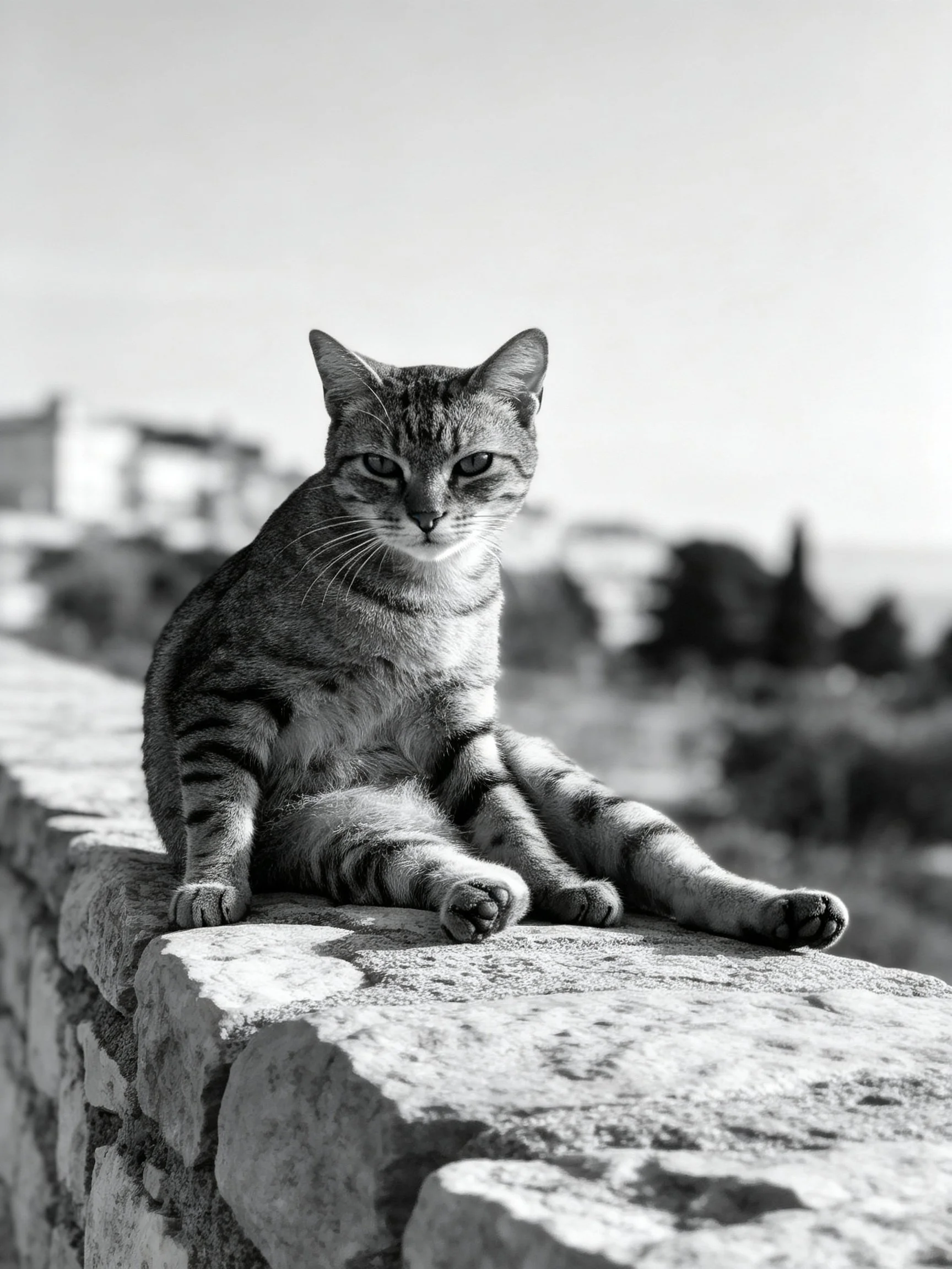 A striped tabby cat lounges on an ancient stone wall in monochrome