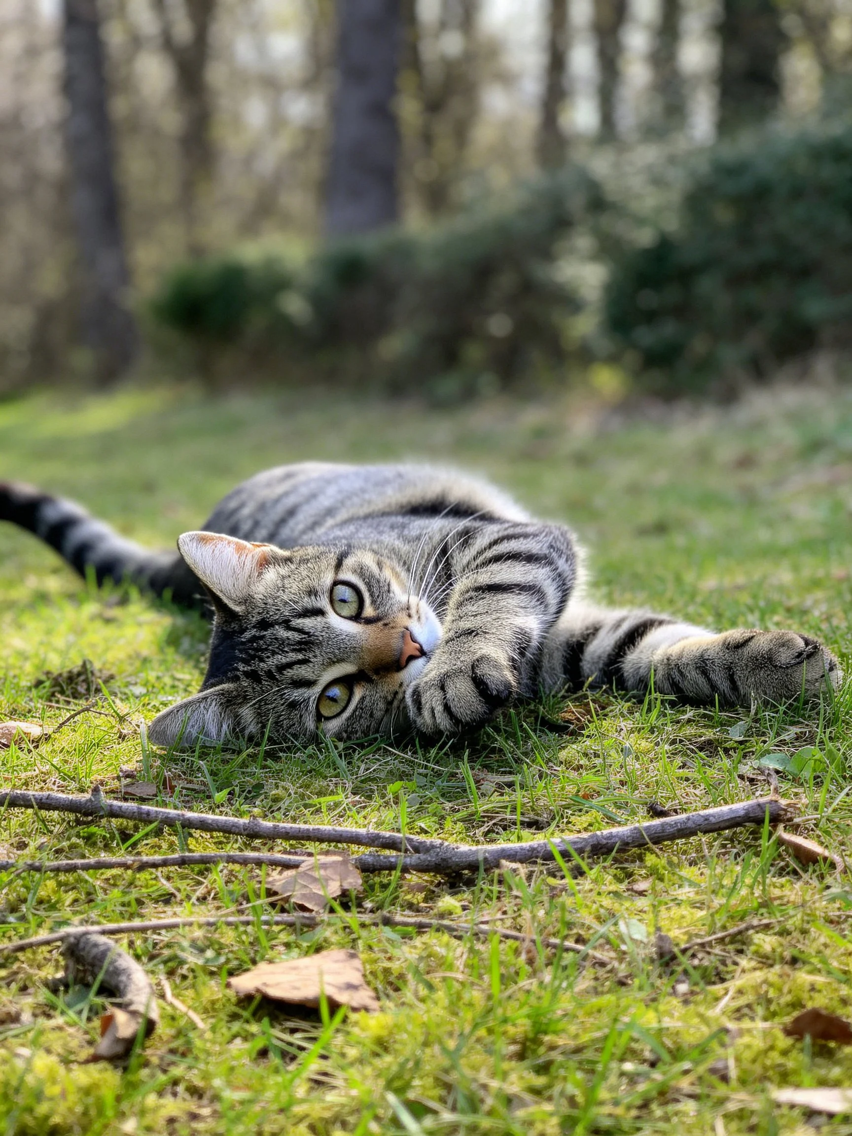 A striped tabby cat lounges on moss-covered grass near scattered twigs