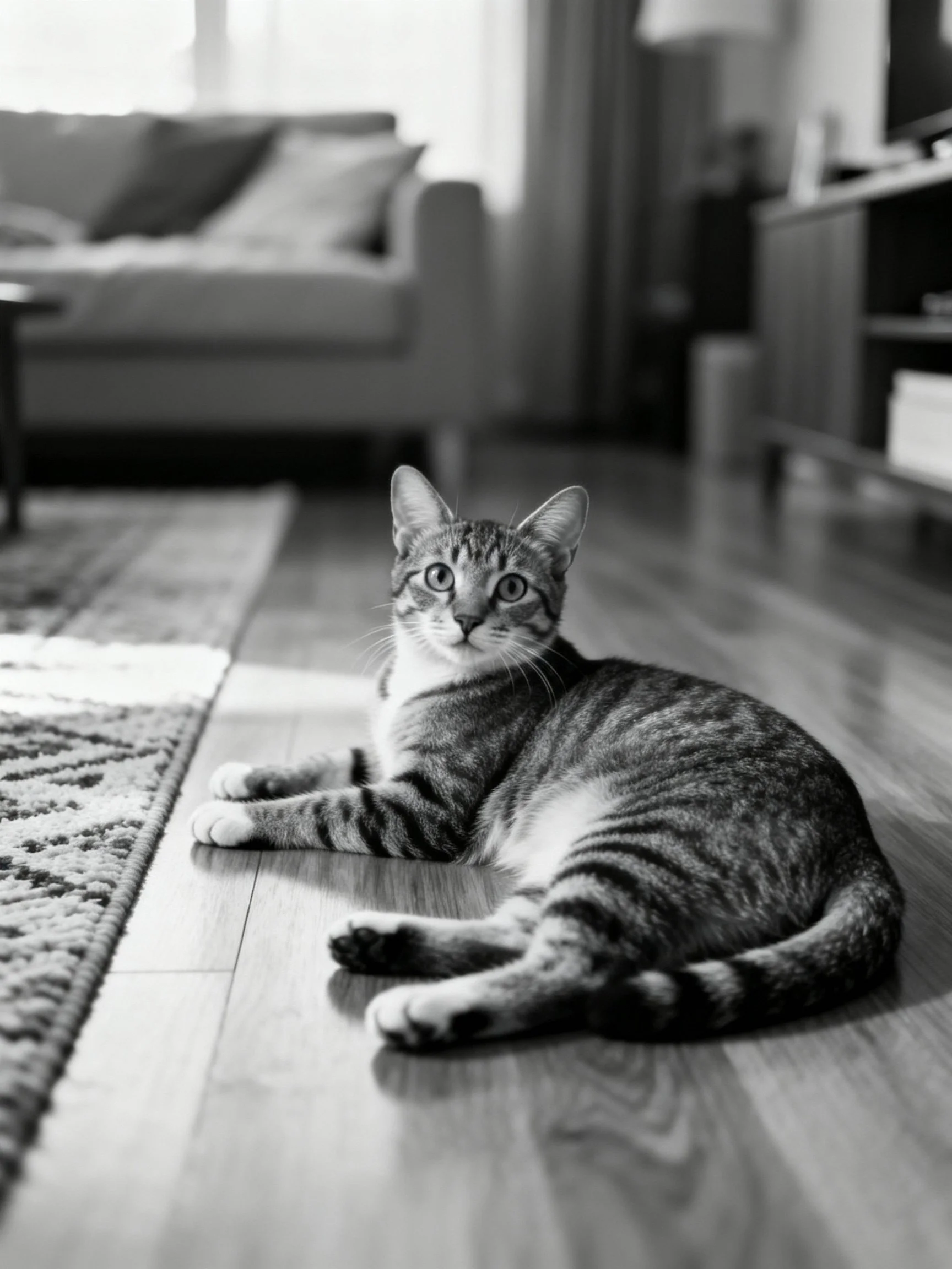 A striped tabby cat lounges on polished hardwood floors in a cozy living room.