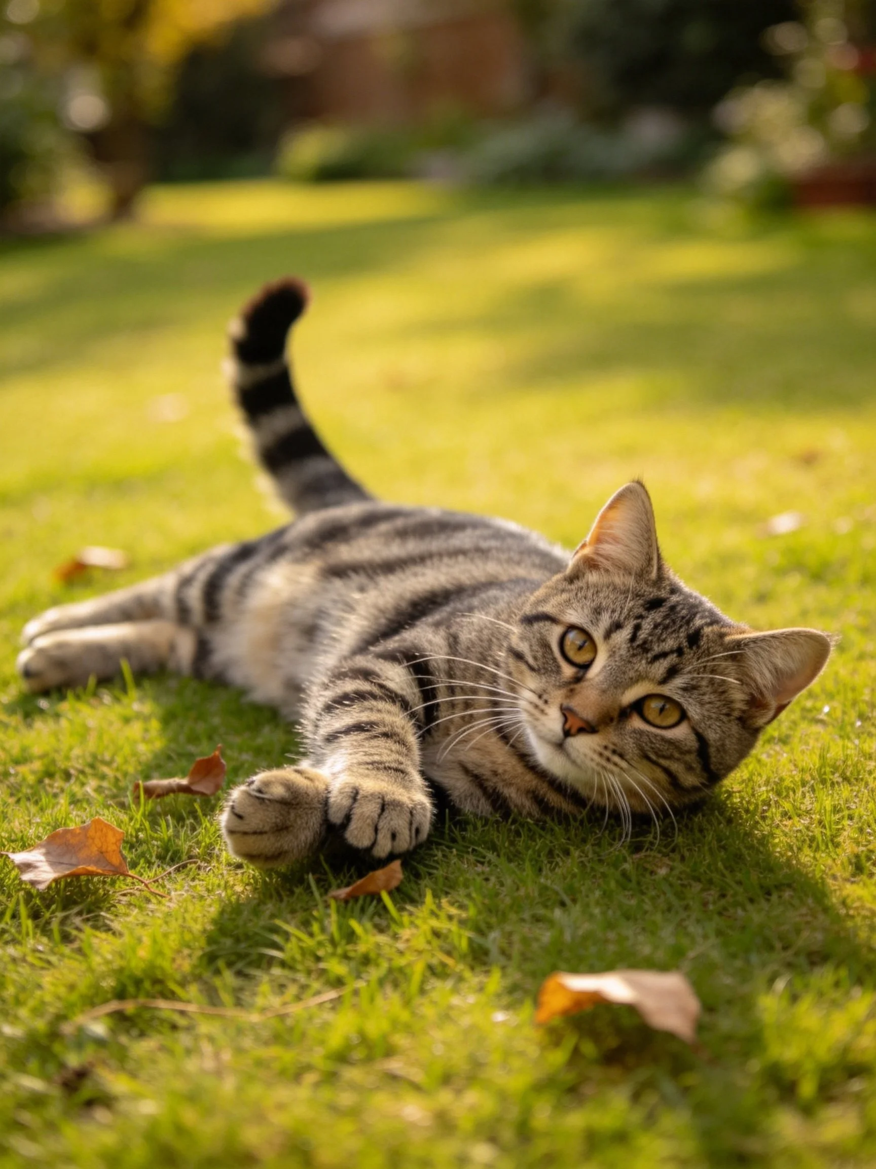 A striped tabby cat lounges on sunlit green grass