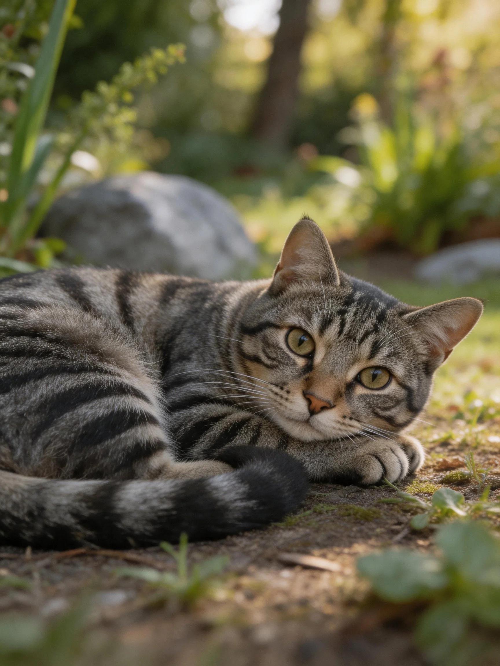 A striped tabby cat lounging near rocks and foliage in a sunlit garden