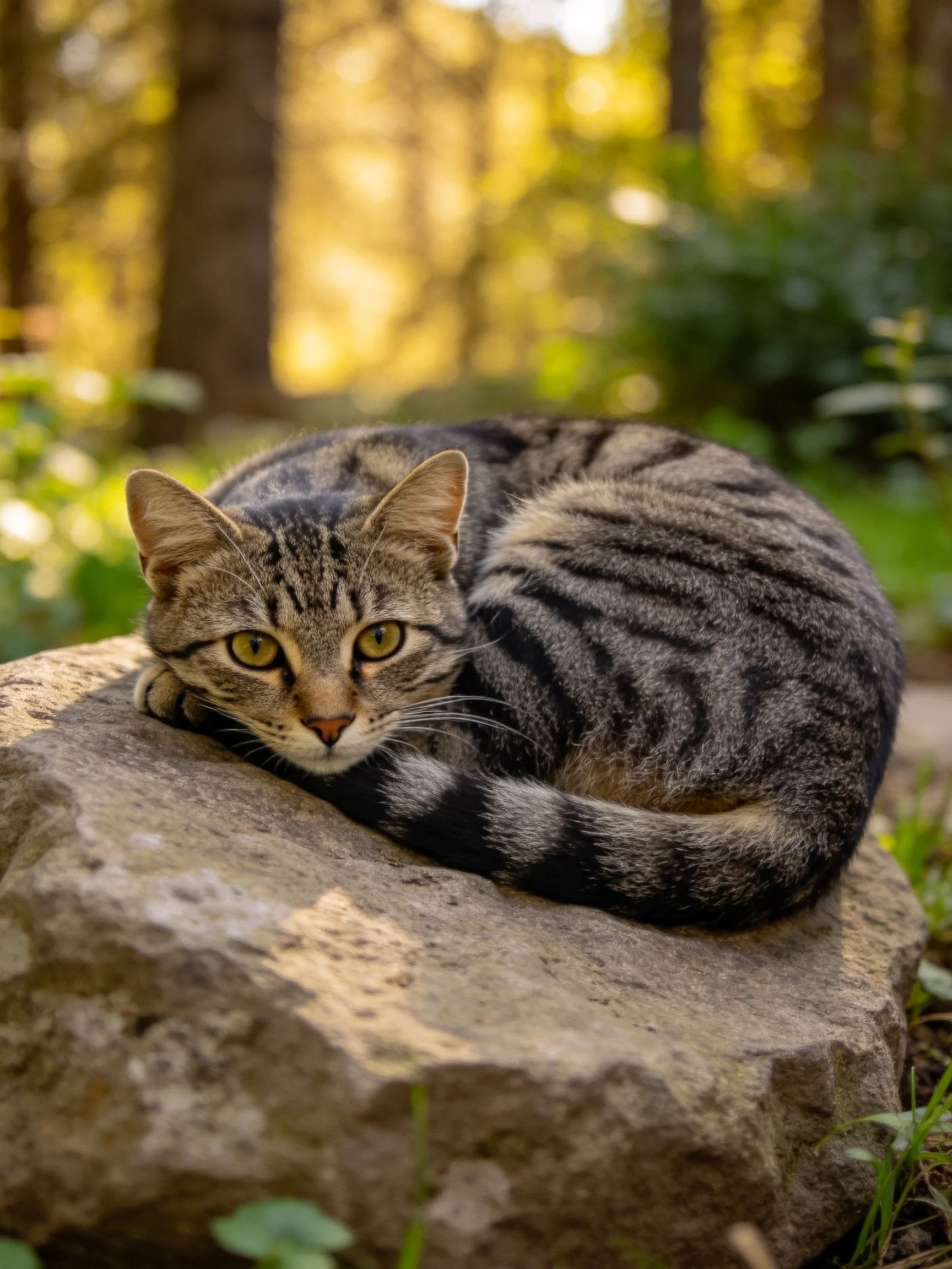 A striped tabby cat lounging on a large rock in a sunlit forest