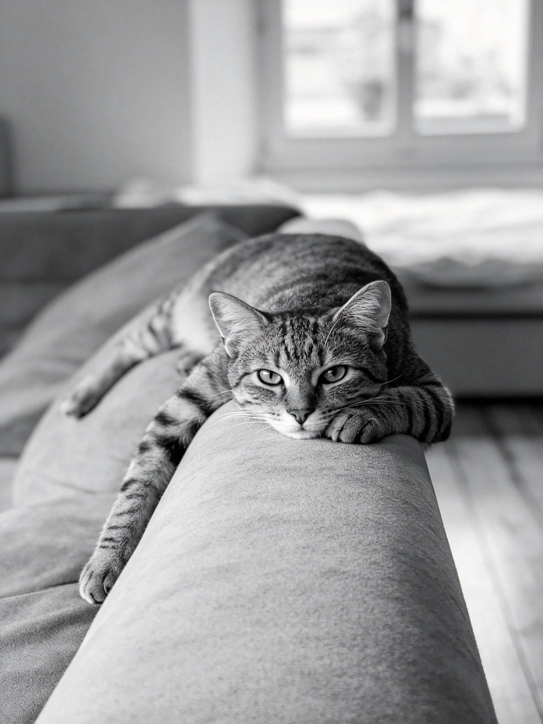 A striped tabby cat lounging on a sofa armrest in a sunlit room
