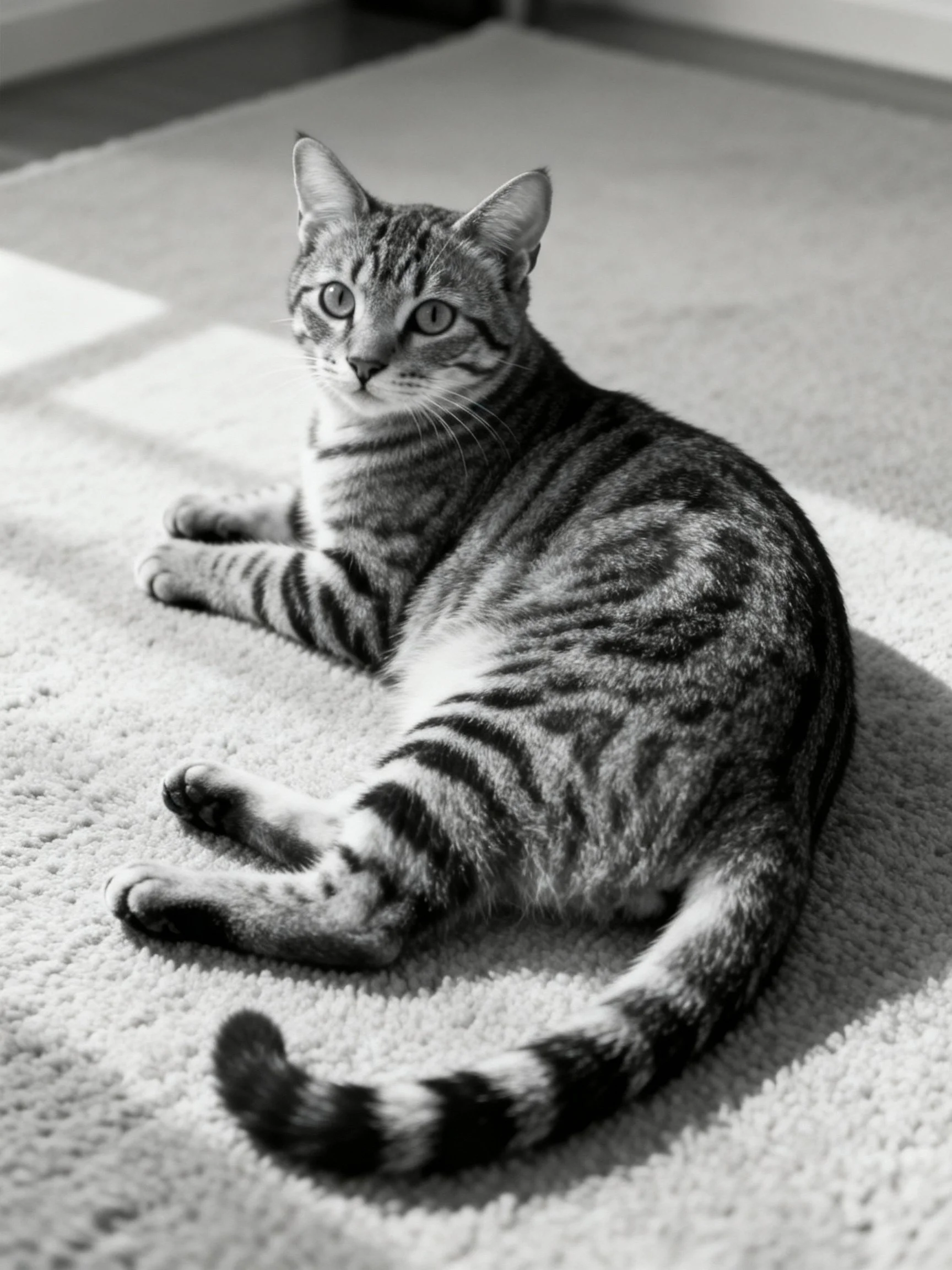 A striped tabby cat lounging on a textured carpet in monochrome