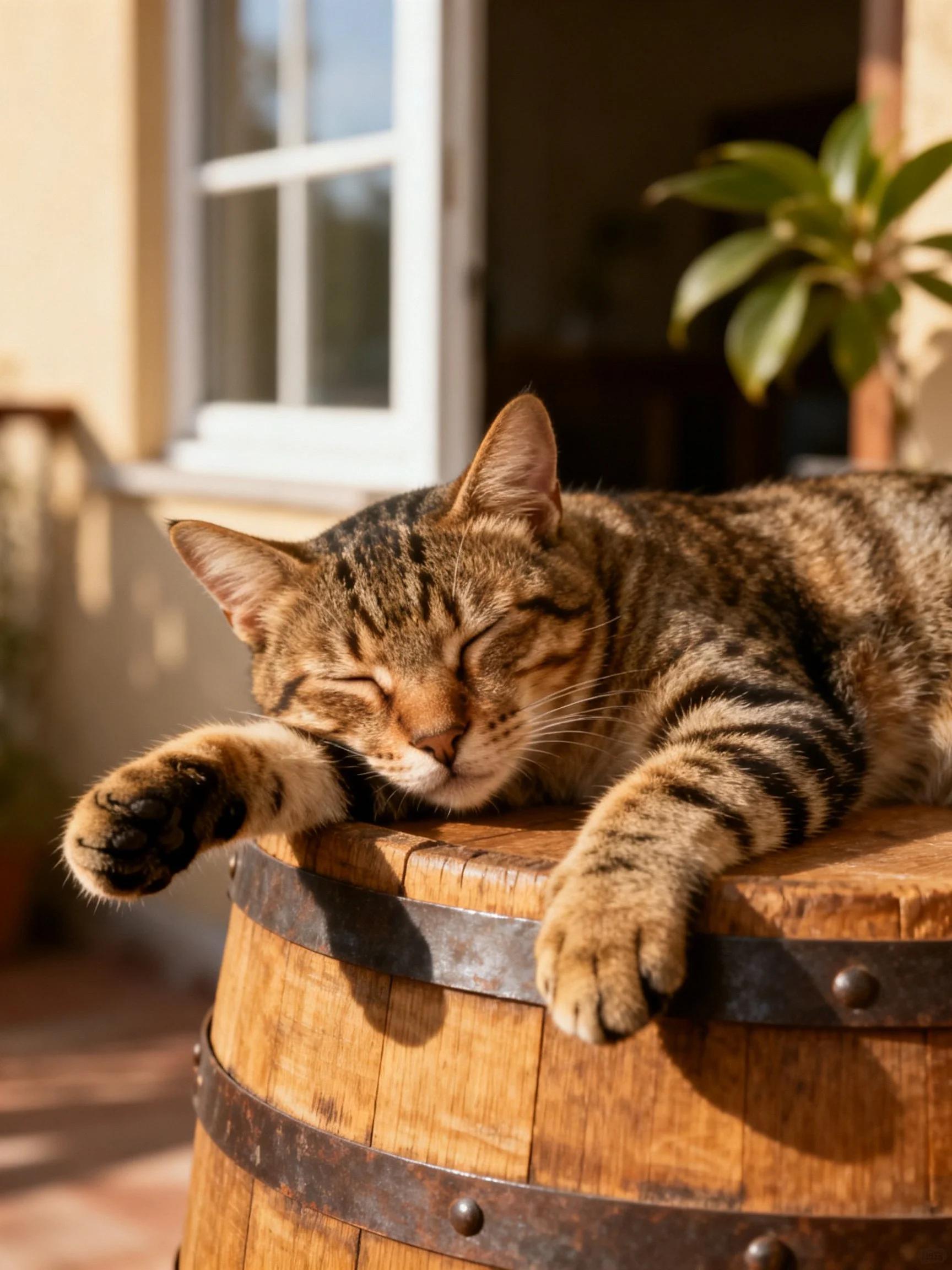 A striped tabby cat naps on a wooden barrel outdoors