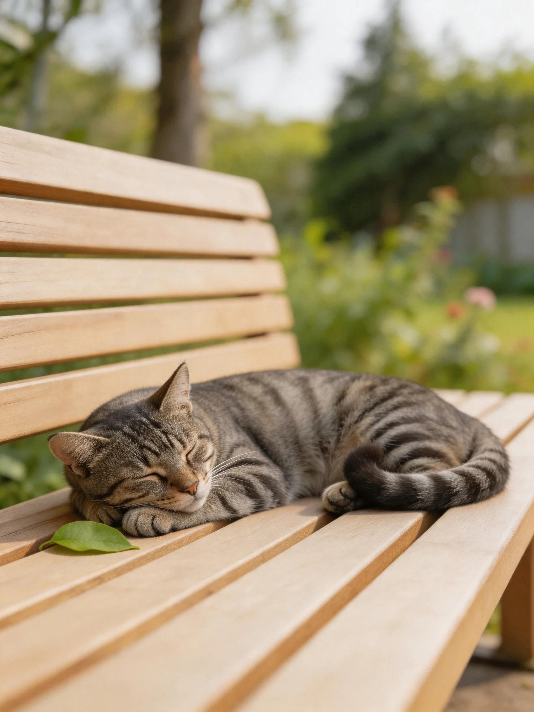 A striped tabby cat naps on a wooden bench near a green leaf
