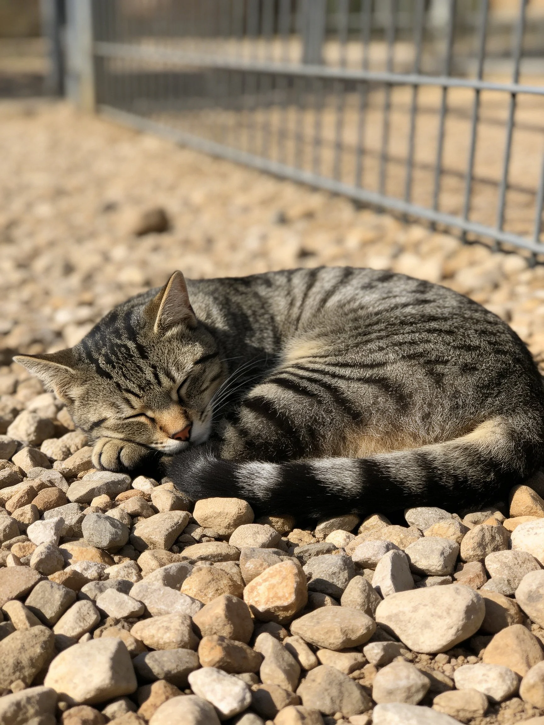 A striped tabby cat naps on varied gravel near a metal fence