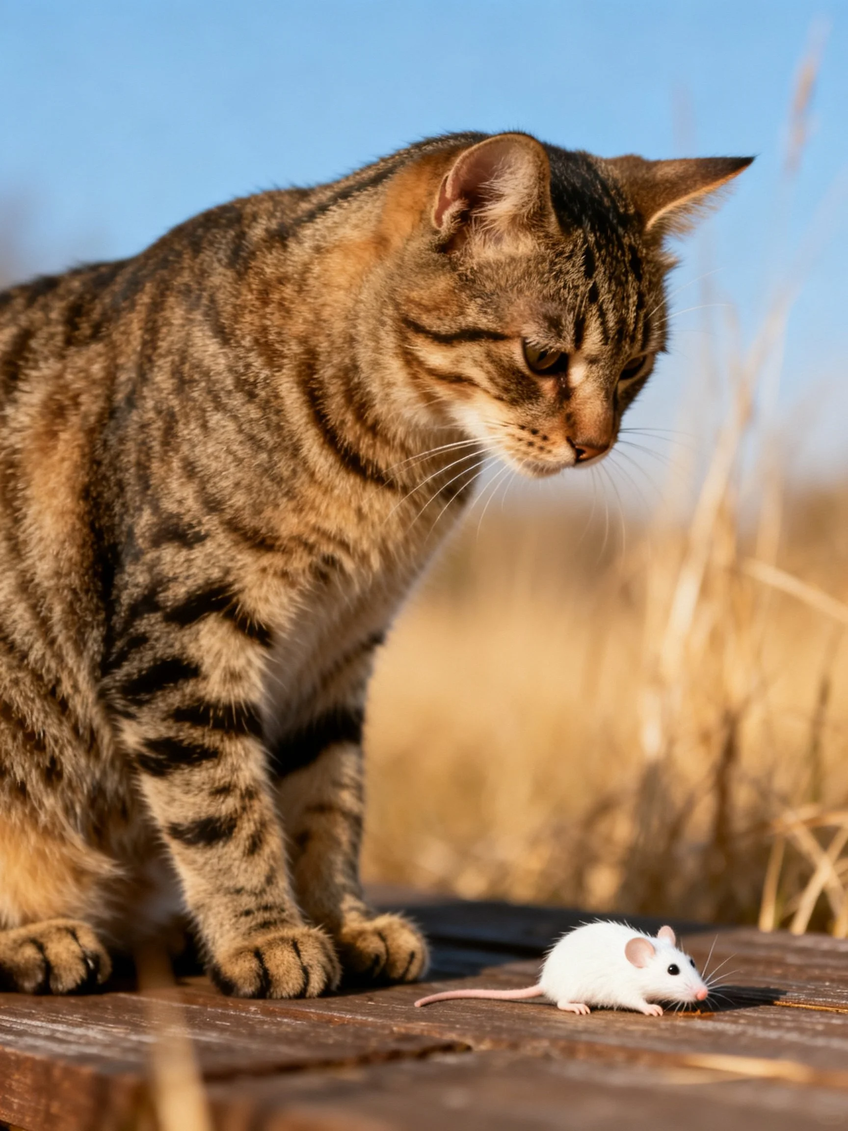 A striped tabby cat observes a small white mouse outdoors