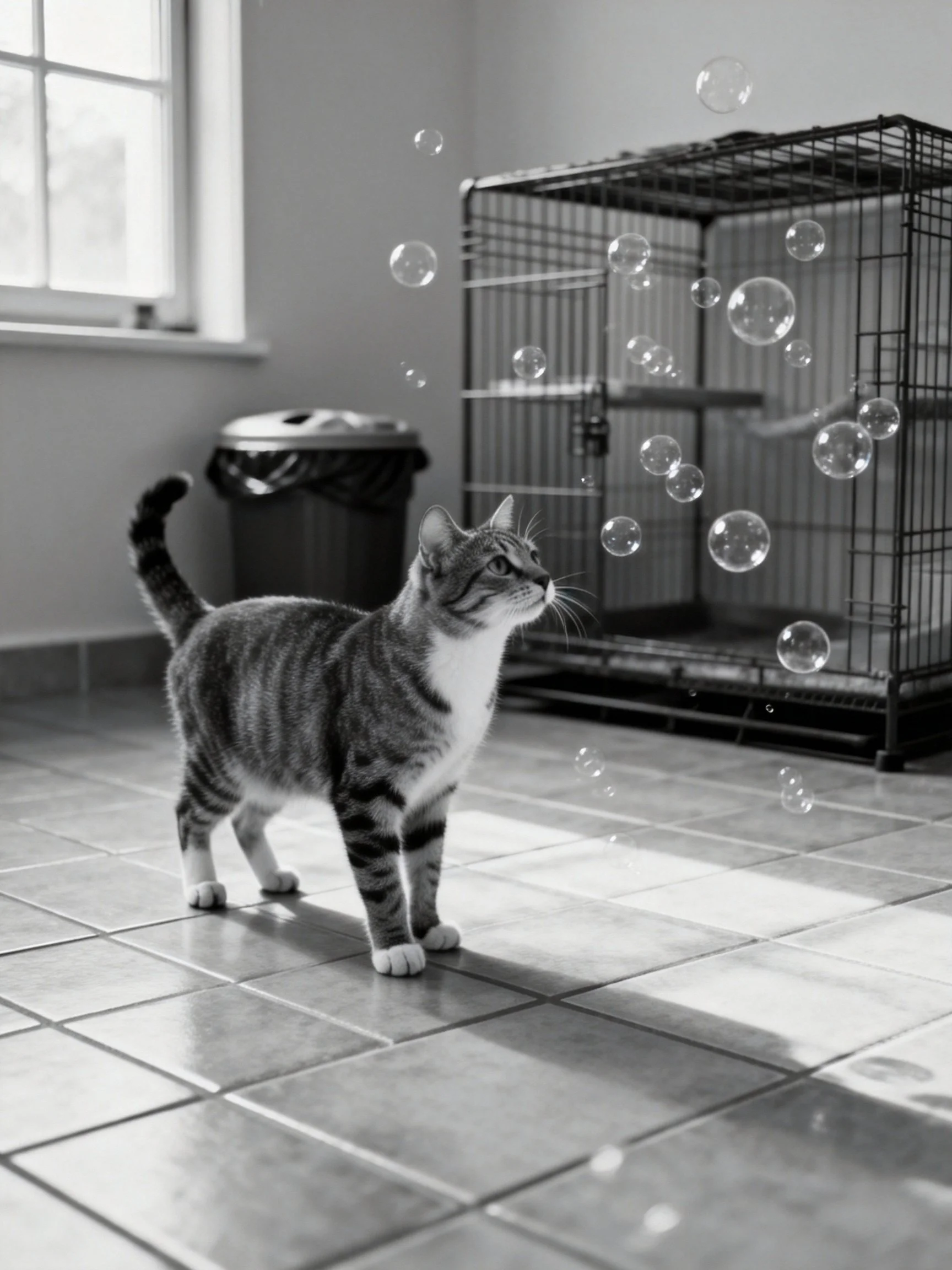 A striped tabby cat observes floating bubbles near a metal cage