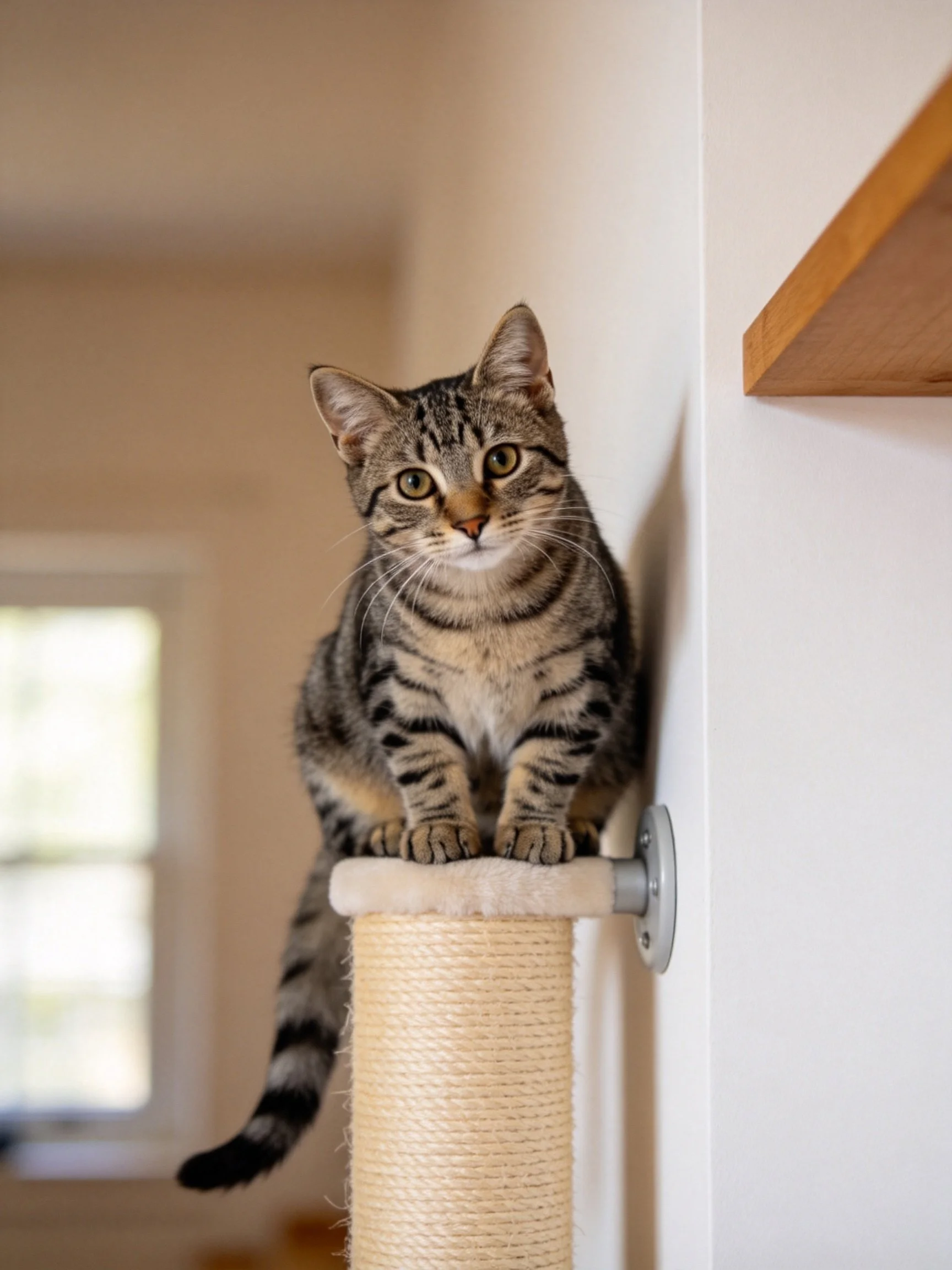 A tabby cat sits on a wall-mounted scratching post indoors.