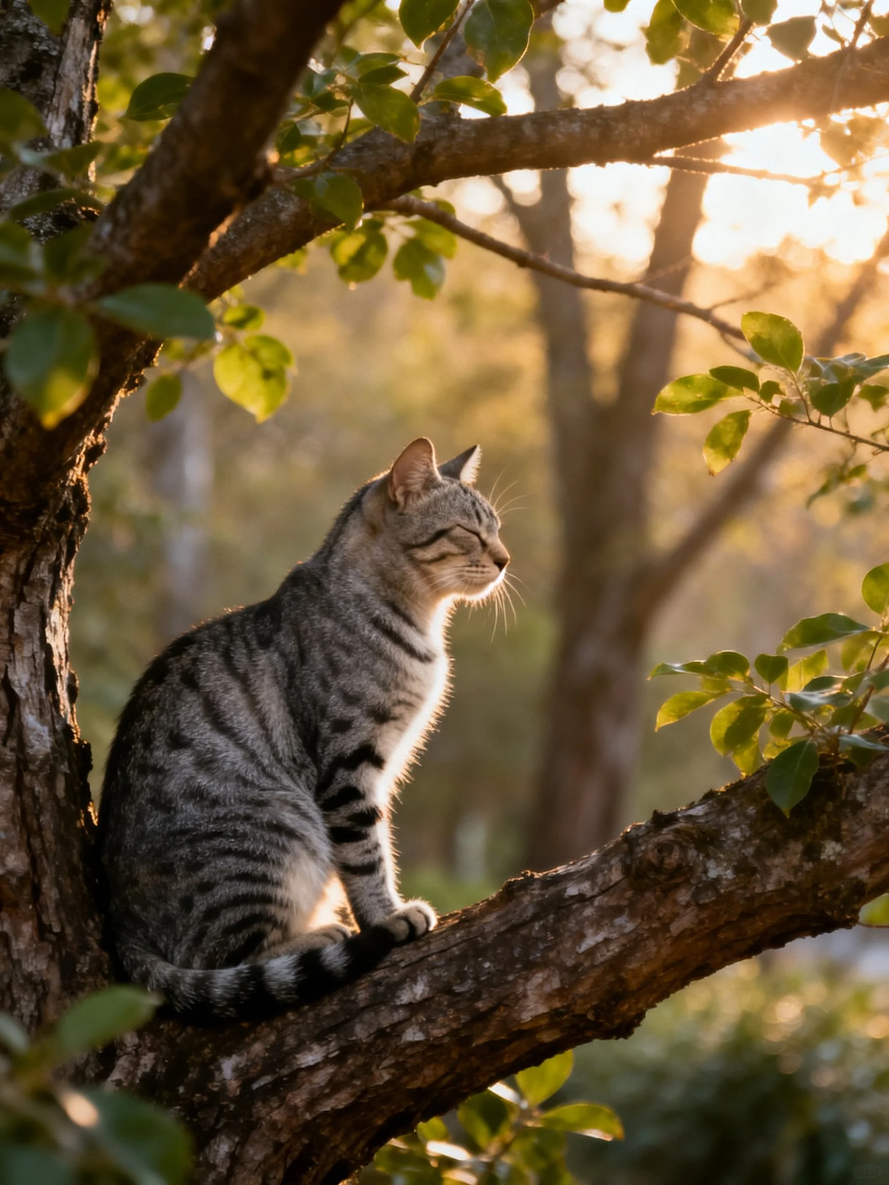 A striped tabby cat sits on a tree branch illuminated by warm sunlight.