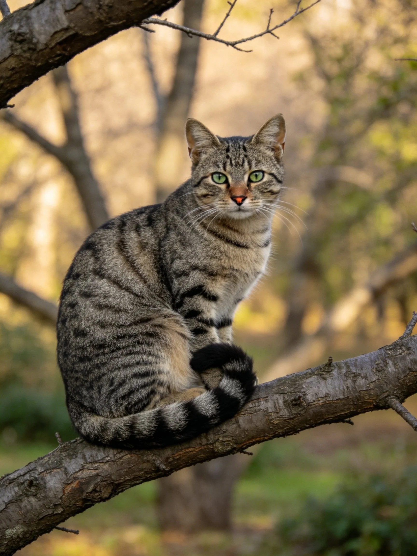 A striped tabby cat sits calmly on a tree branch amid trees.
