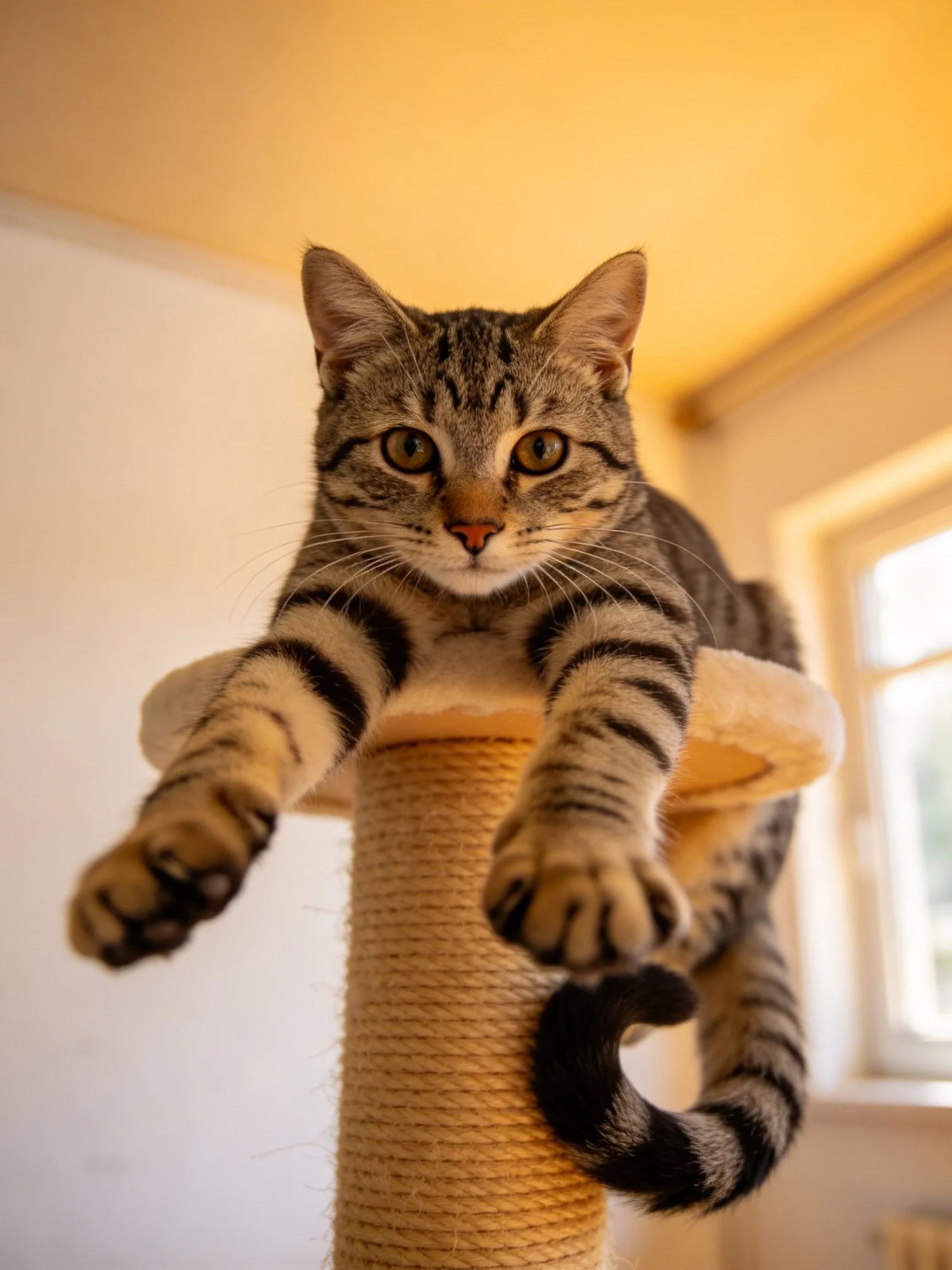 A striped tabby cat perches on a beige scratching post indoors