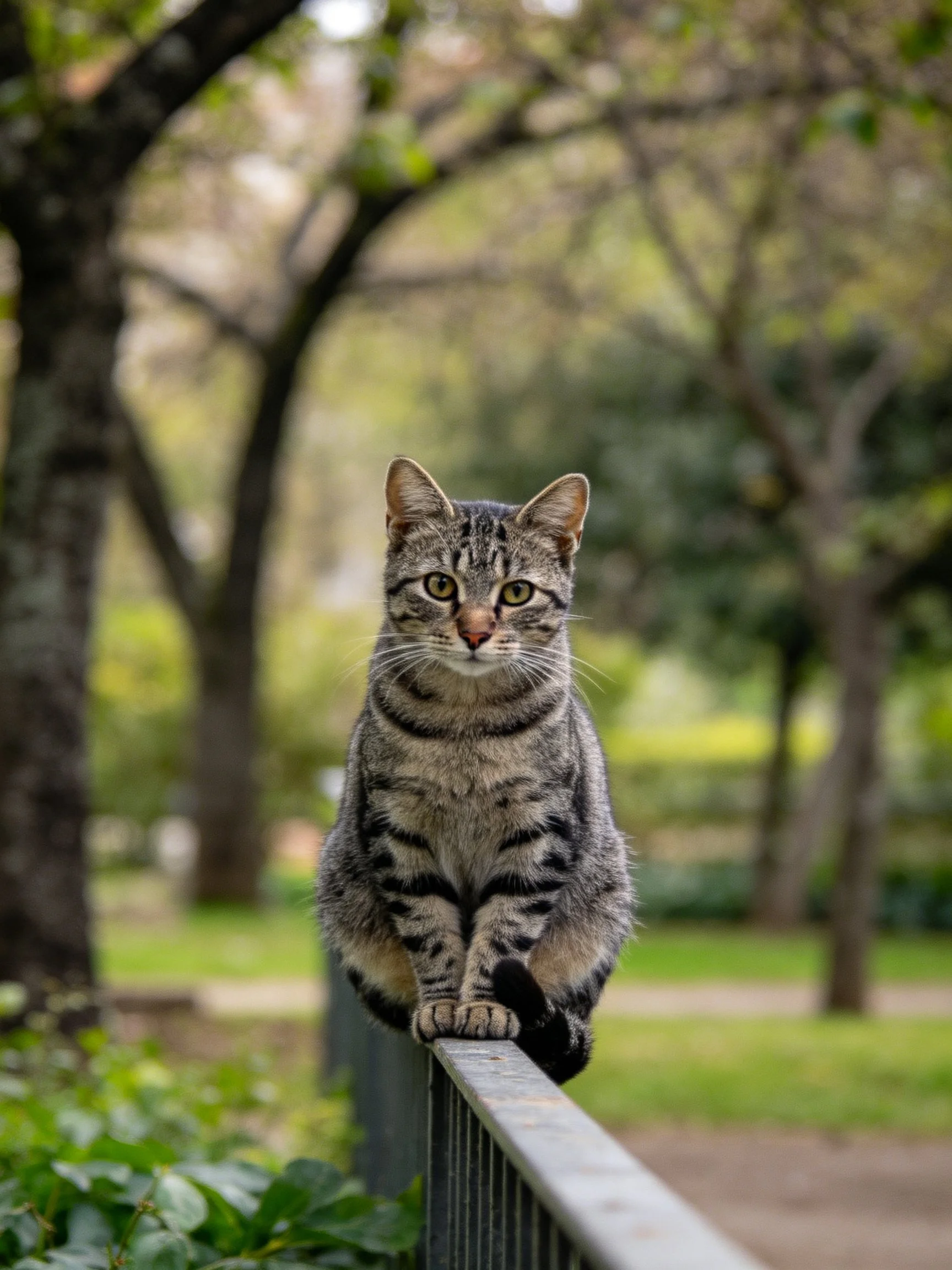 A striped tabby cat perches on a metal fence railing in a green park