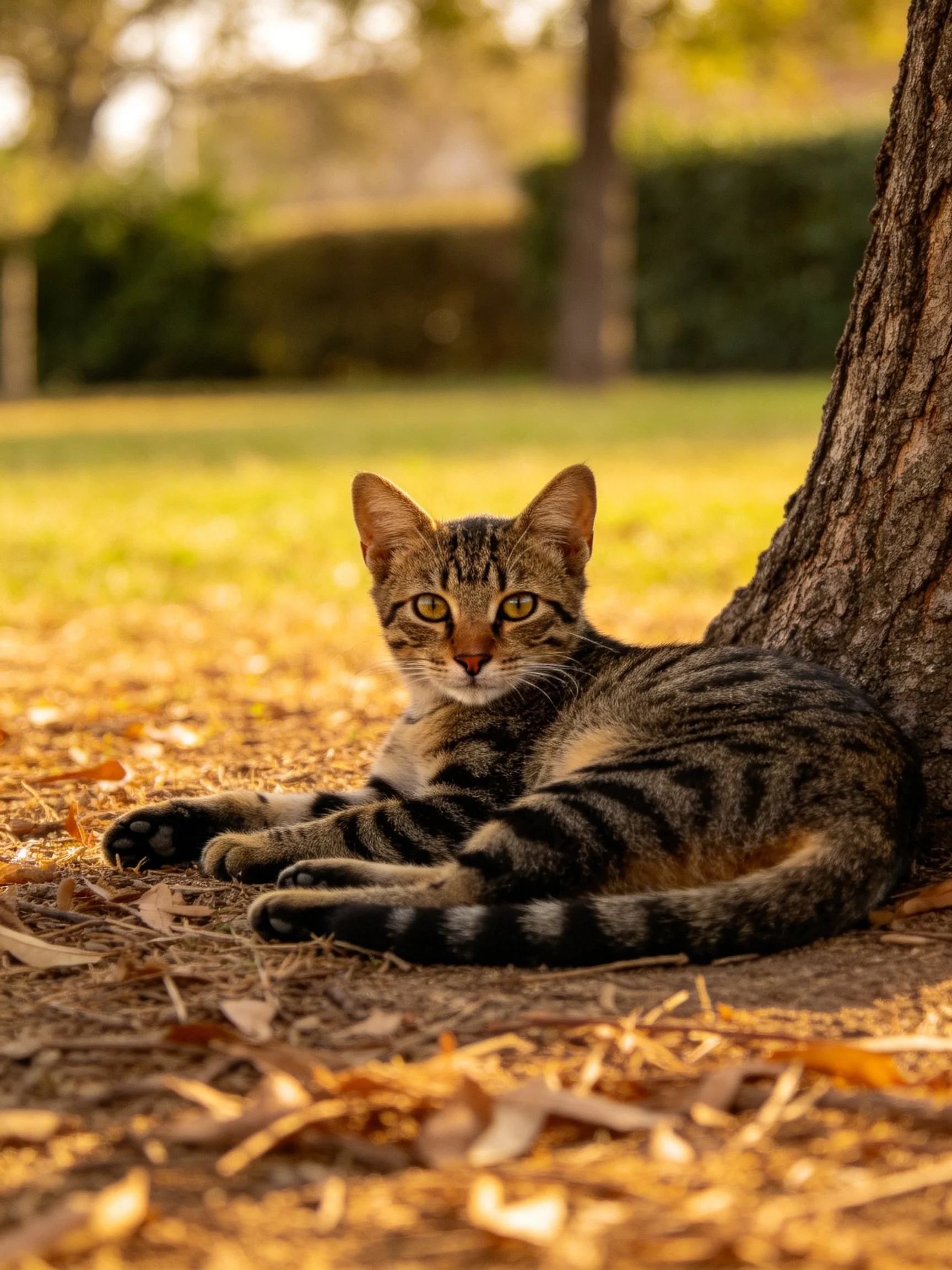 A tabby cat rests beside a large tree trunk in a sunlit outdoor setting.