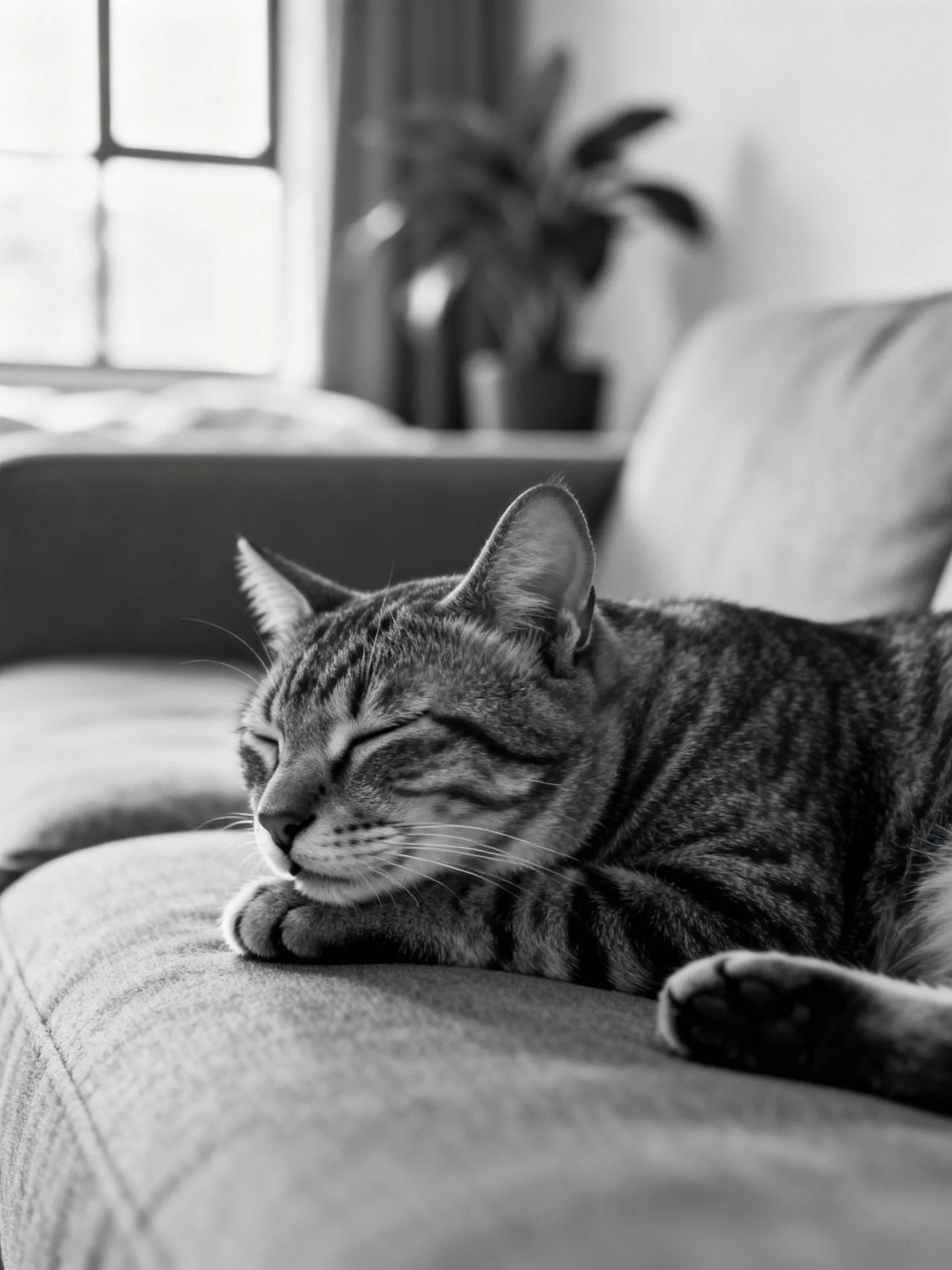 A striped tabby cat resting on a cushioned sofa