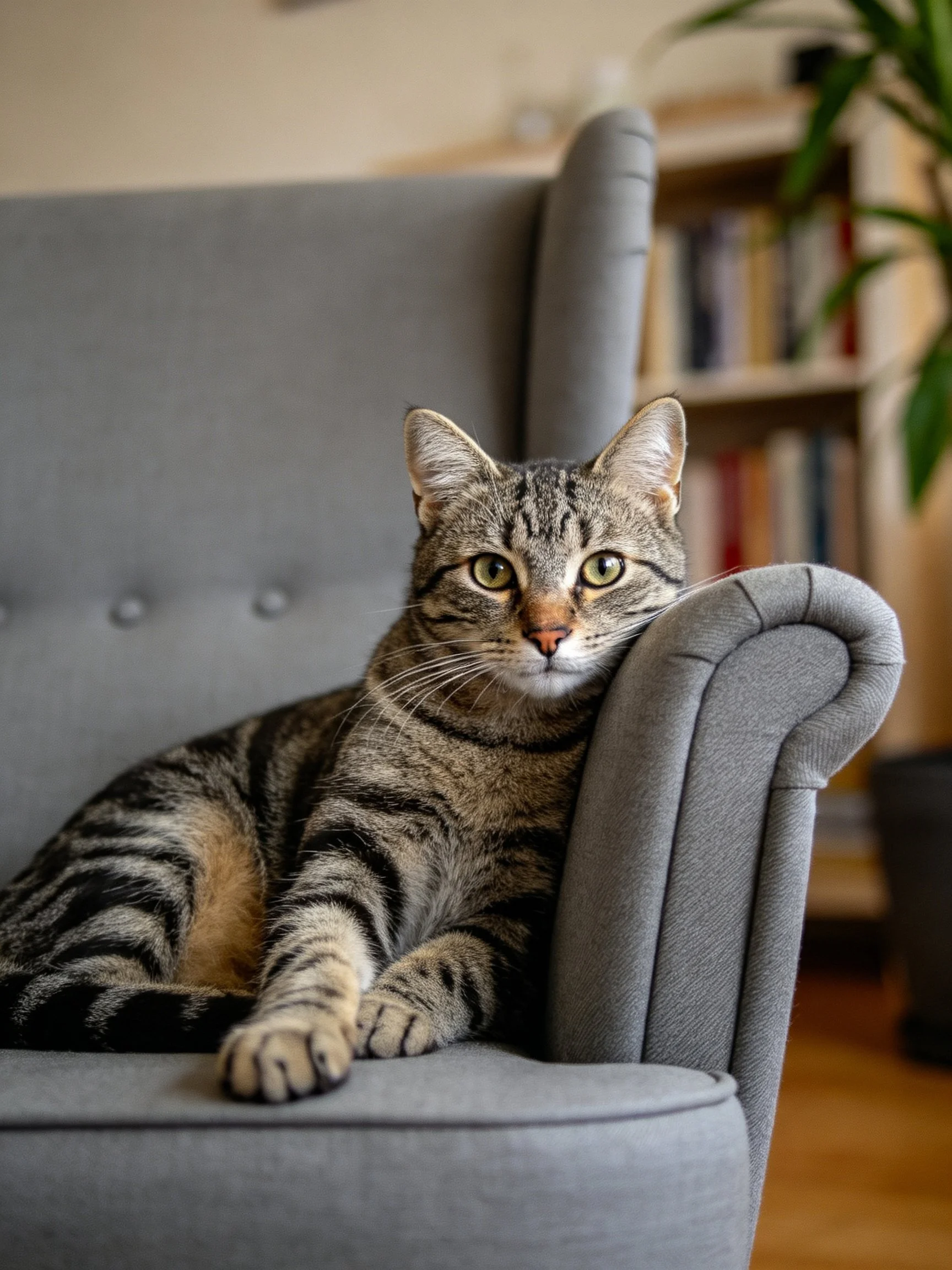 A striped tabby cat relaxes on a gray upholstered armchair in a cozy interior.