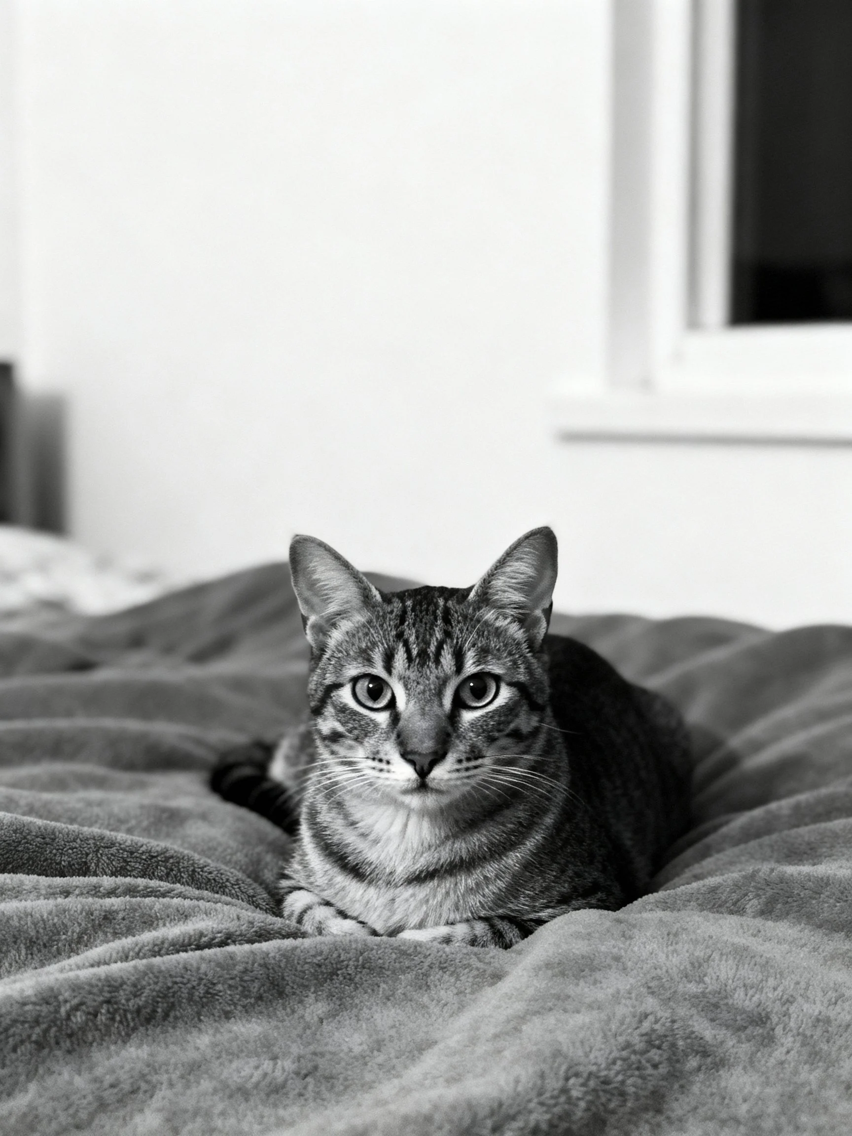 A striped tabby cat resting on a plush gray bedspread