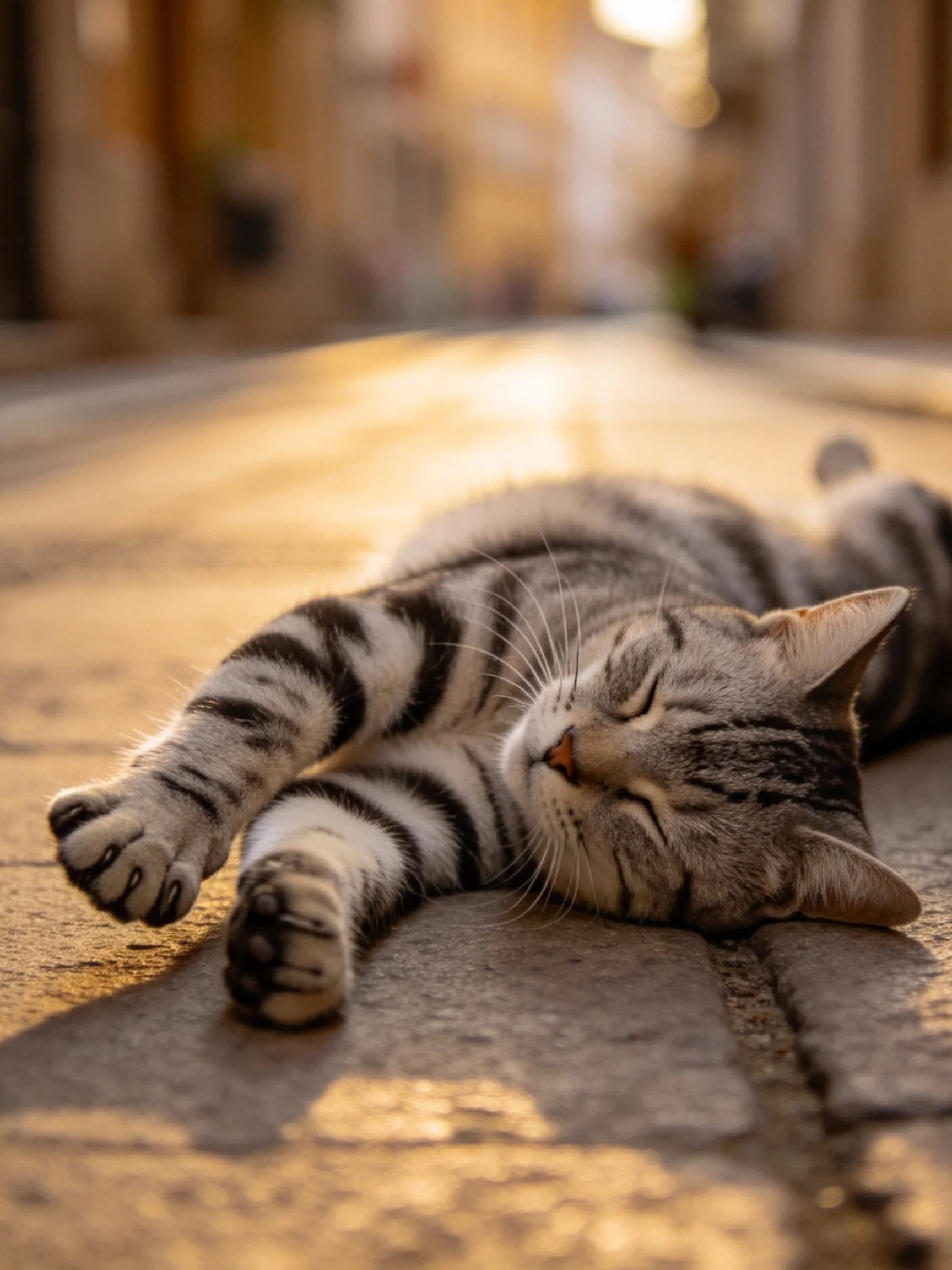 A tabby cat sleeps contentedly on a sunlit street.