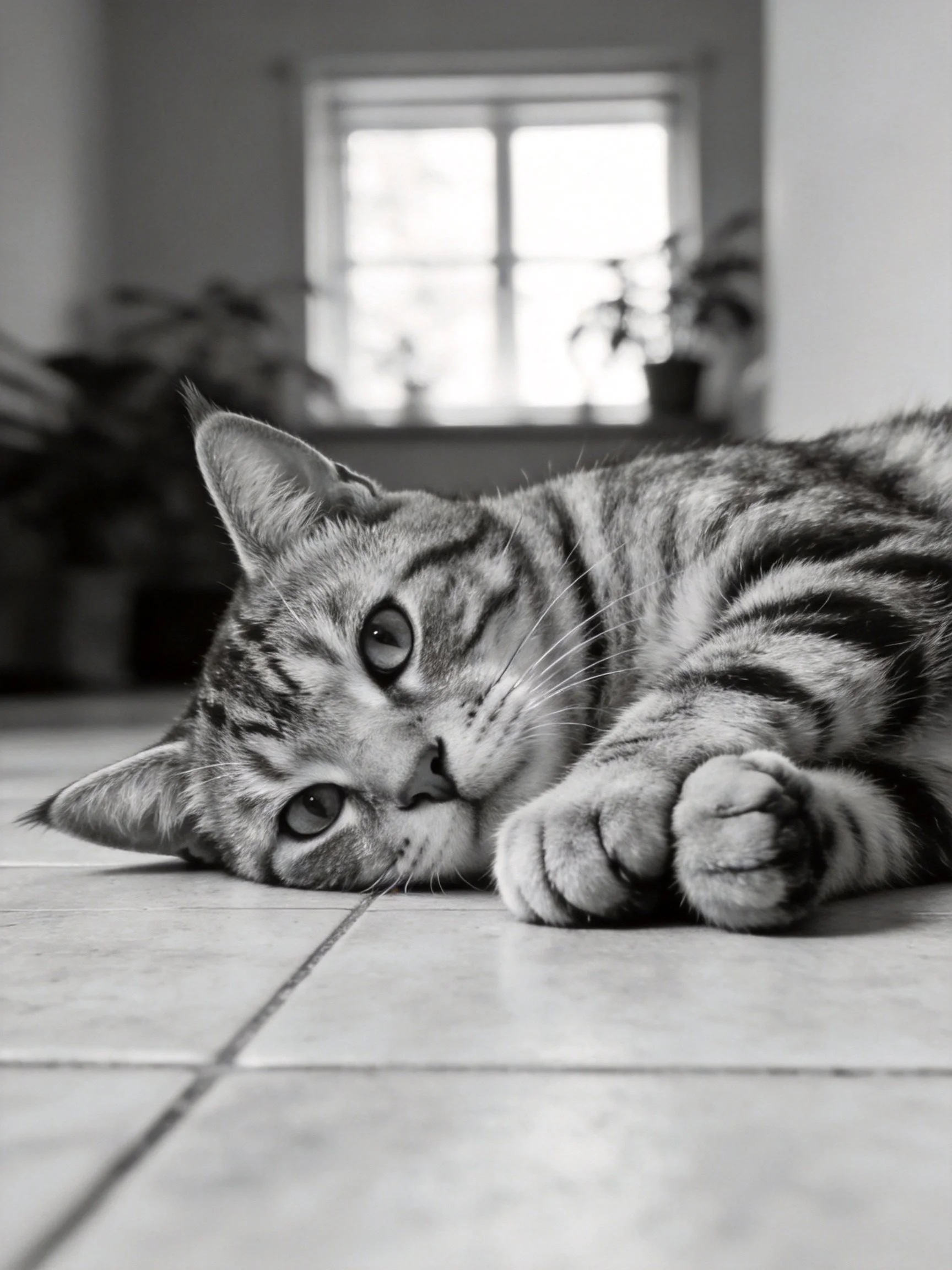 A striped tabby cat resting on a tiled floor near a bright window