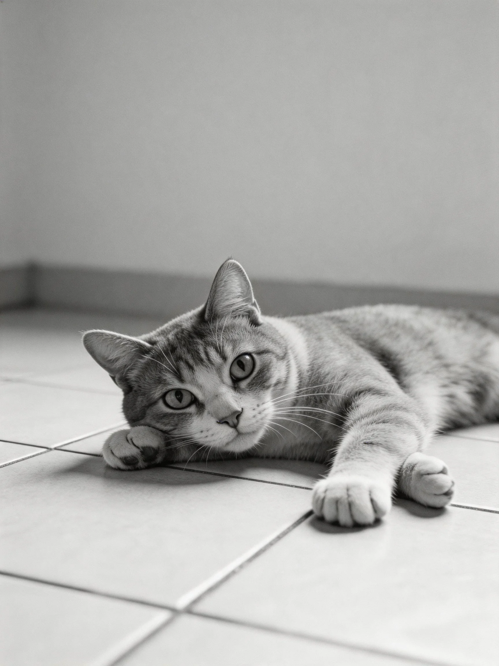 A striped tabby cat resting on tiled floor in monochrome