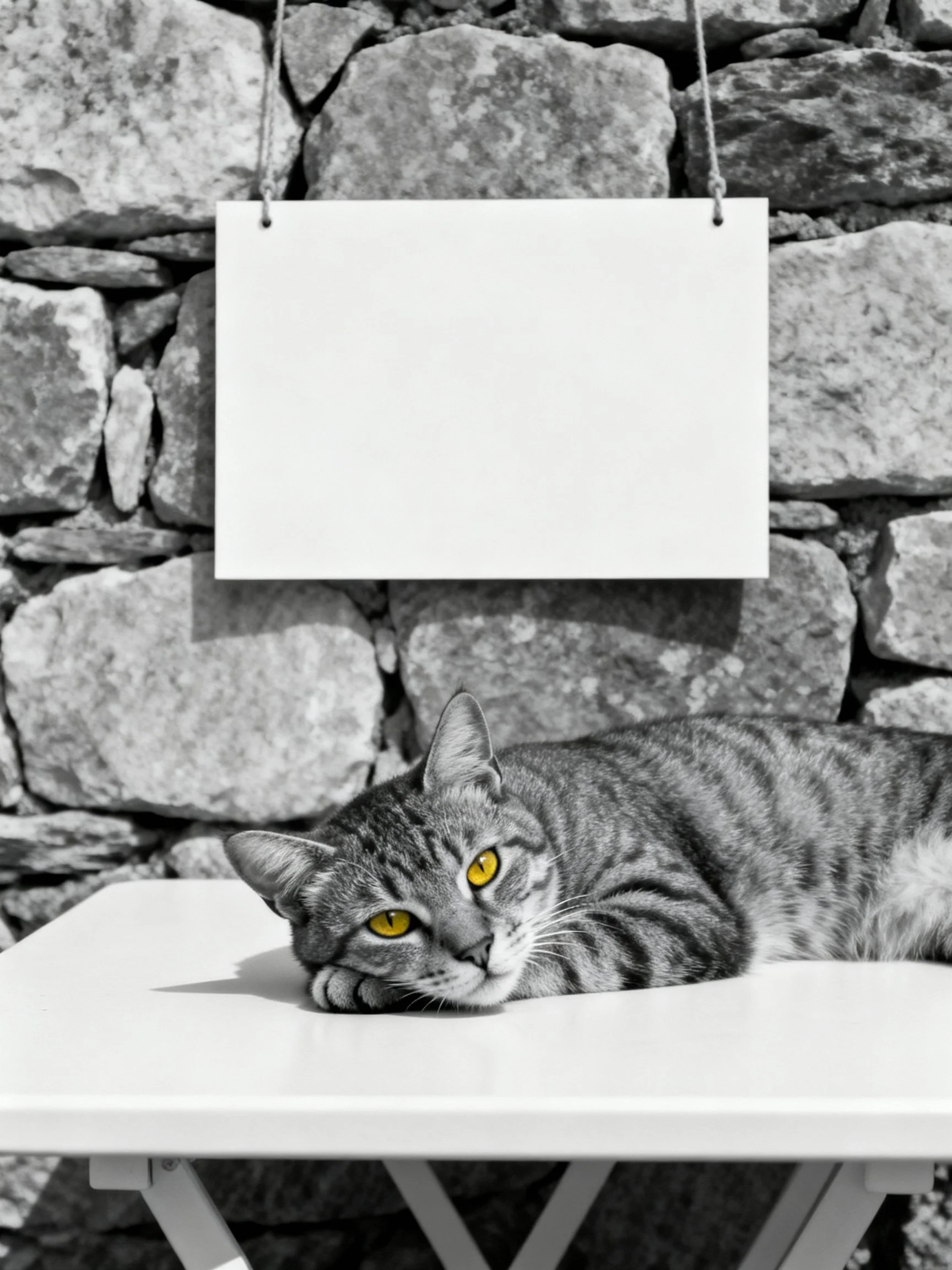 A striped tabby cat rests beside a blank hanging sign against a stone wall