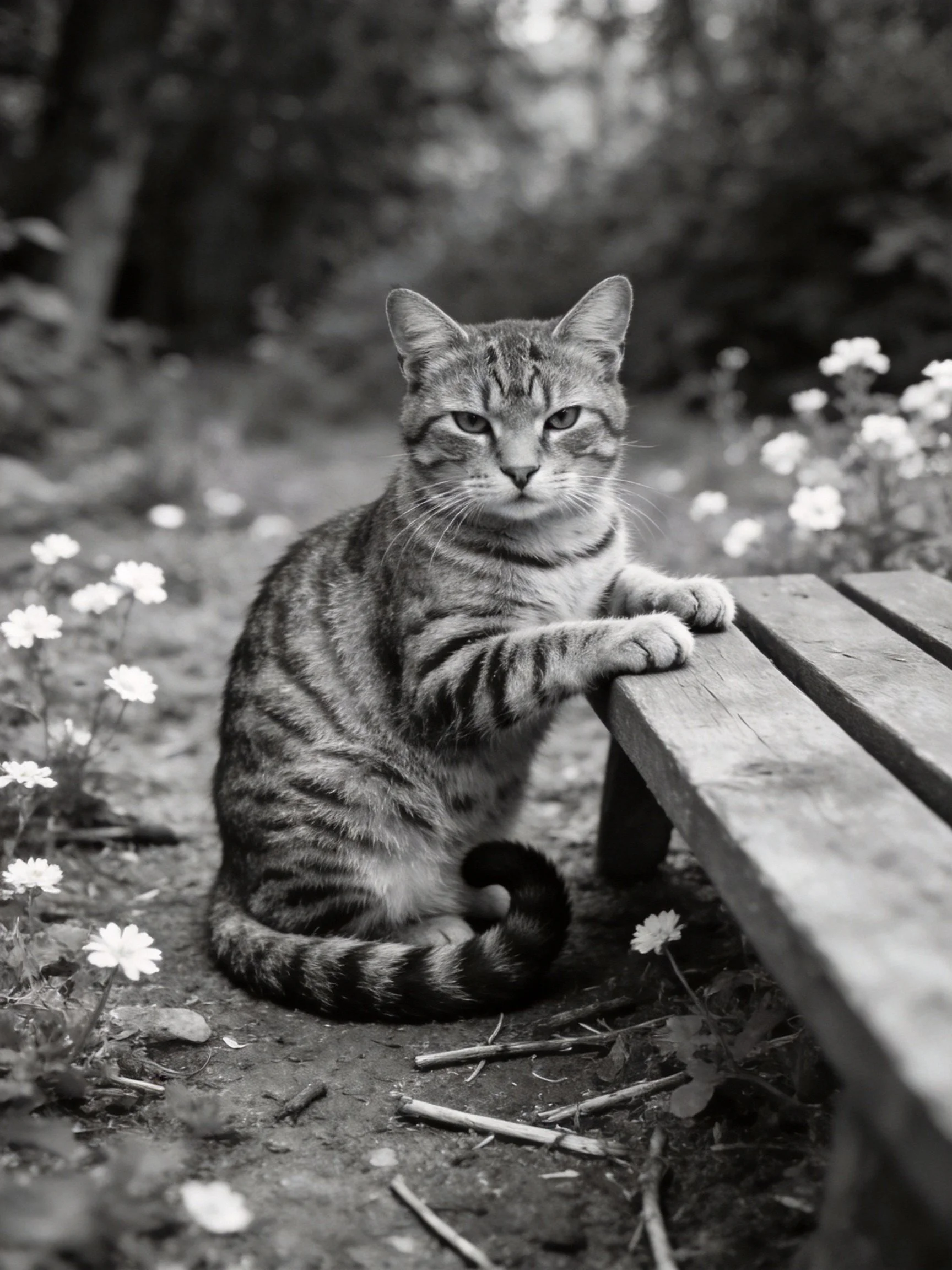 A tabby cat sits beside a wooden bench in a flower-filled outdoor space.