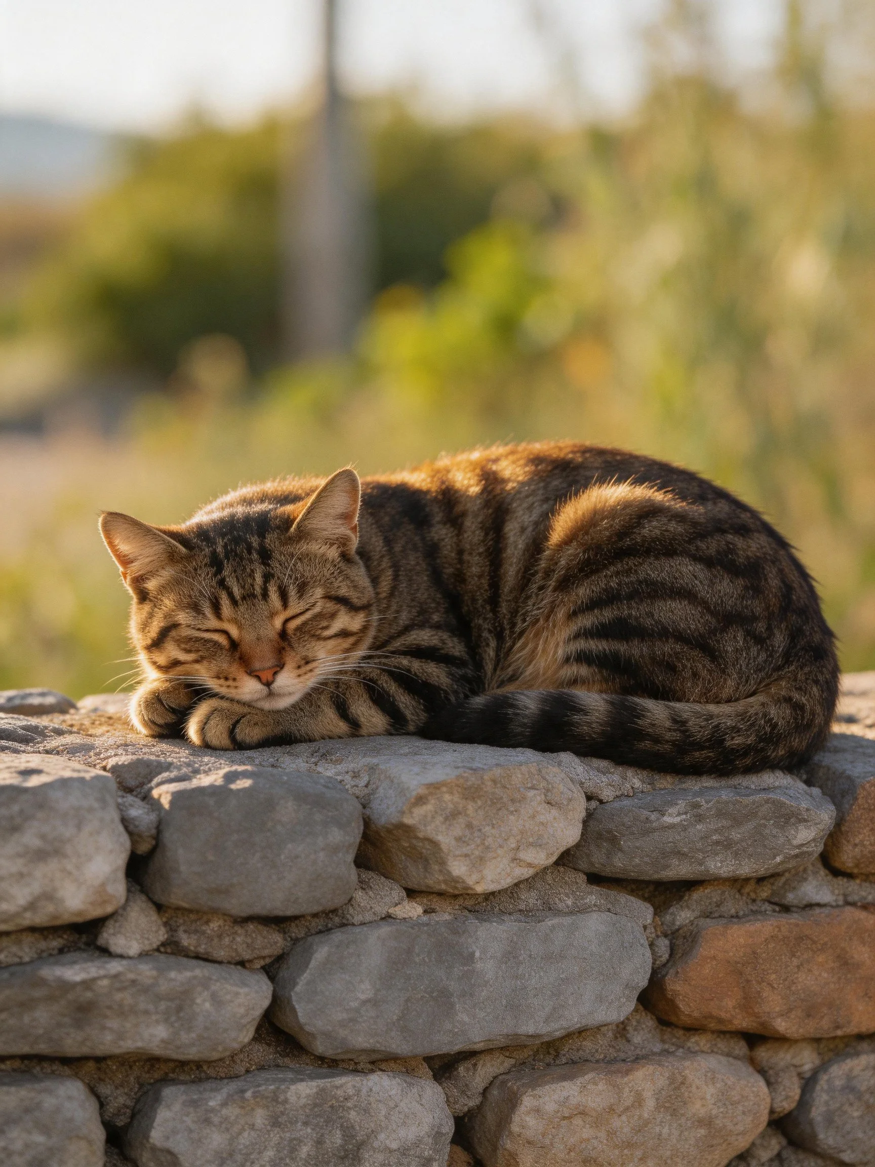 A striped tabby cat sleeps peacefully on a stone wall outdoors