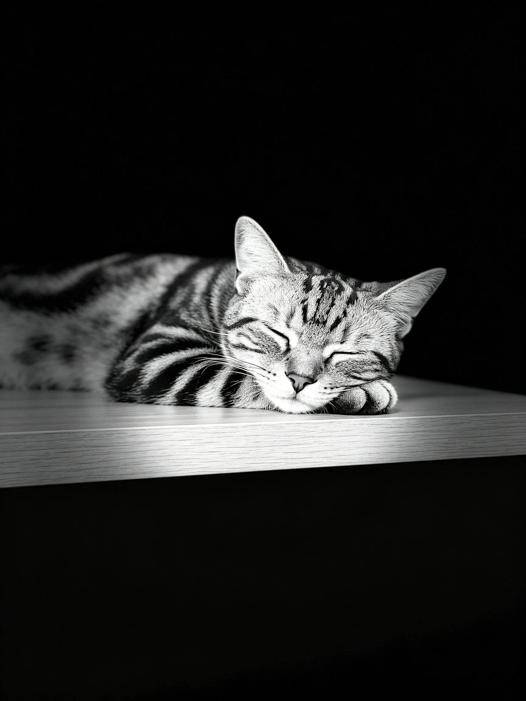 A striped tabby cat sleeps on a wooden shelf in a.