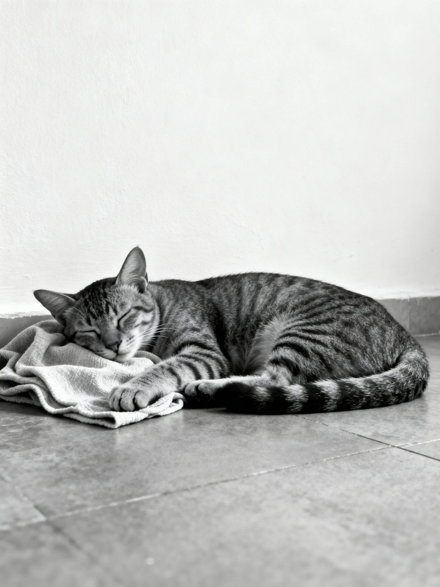 A striped tabby cat rests on a textured towel next to a plain wall