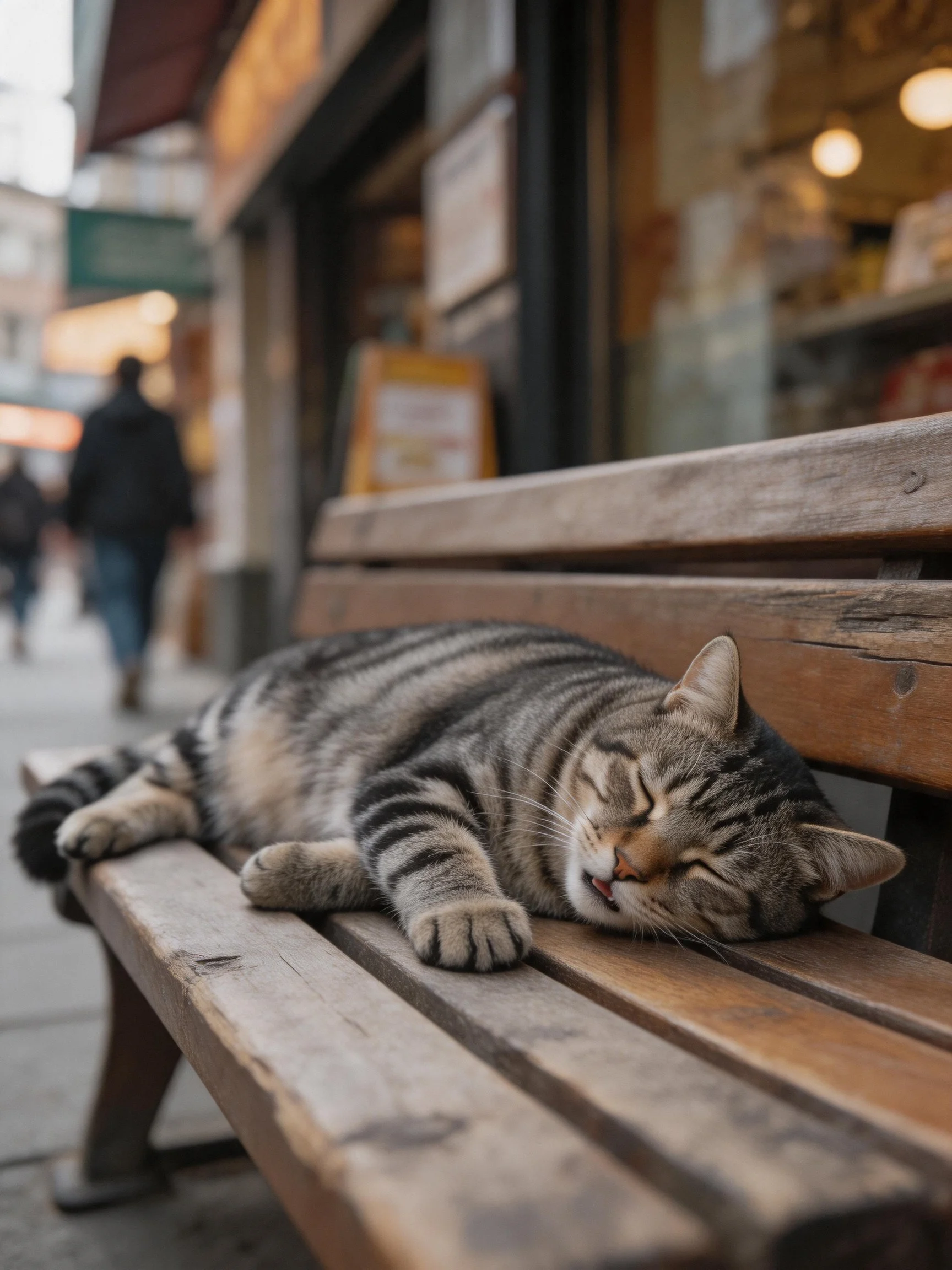 A striped tabby cat rests on a weathered wooden bench near storefronts