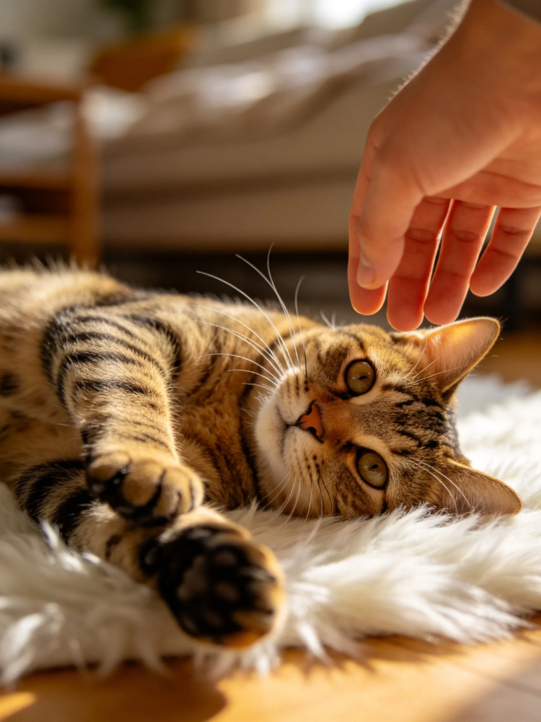 A striped tabby cat rests on a white rug near an outstretched hand.