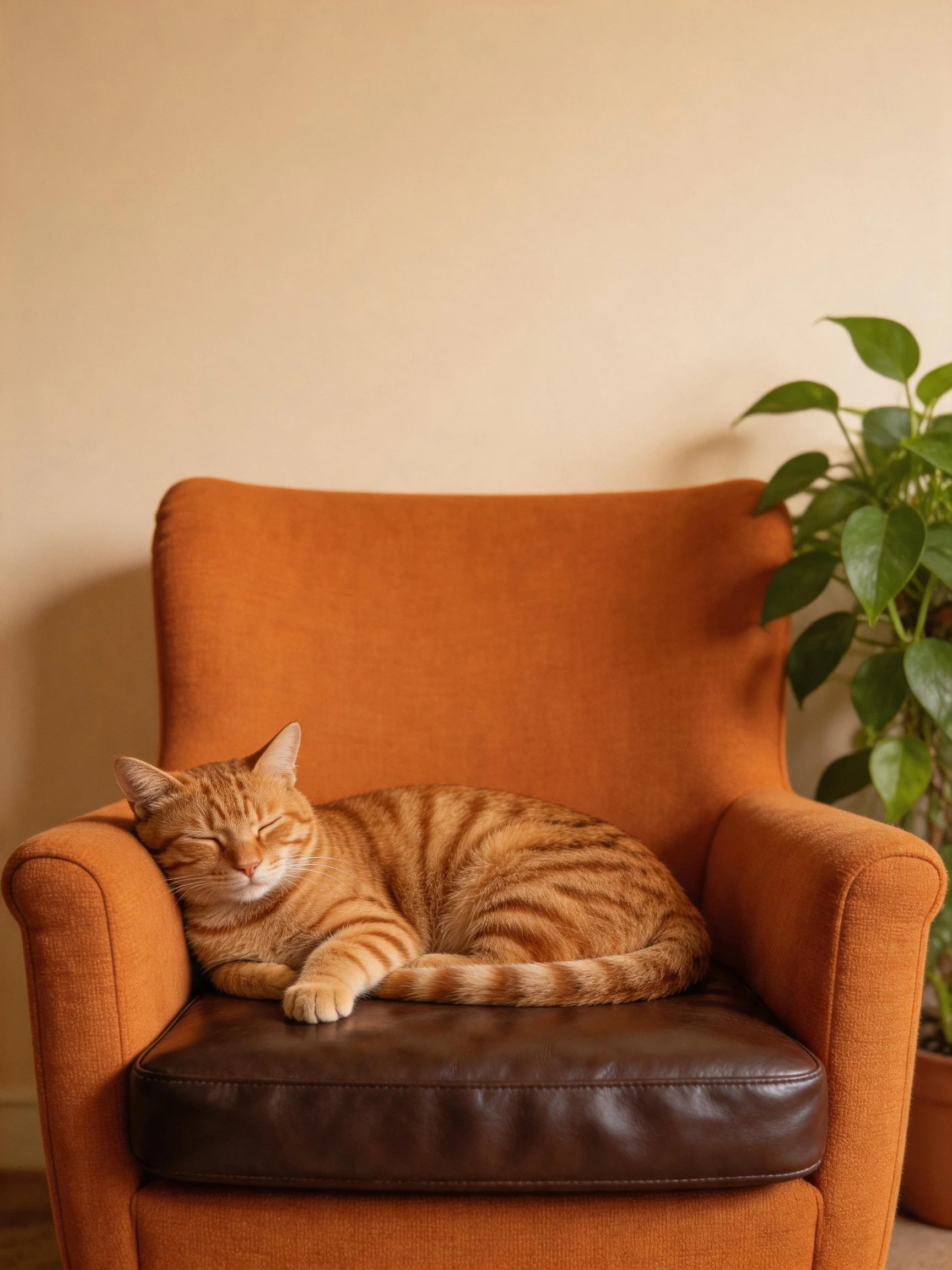 A tabby cat sleeps on an orange armchair beside a green houseplant.