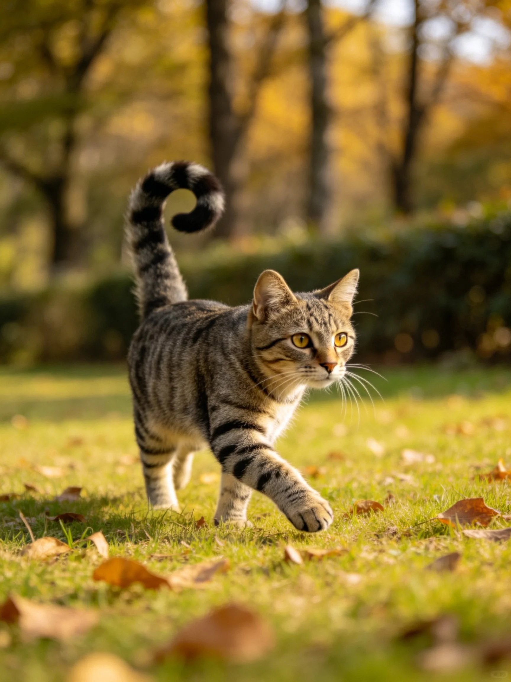 A striped tabby cat roams sunlit grass with autumn leaves