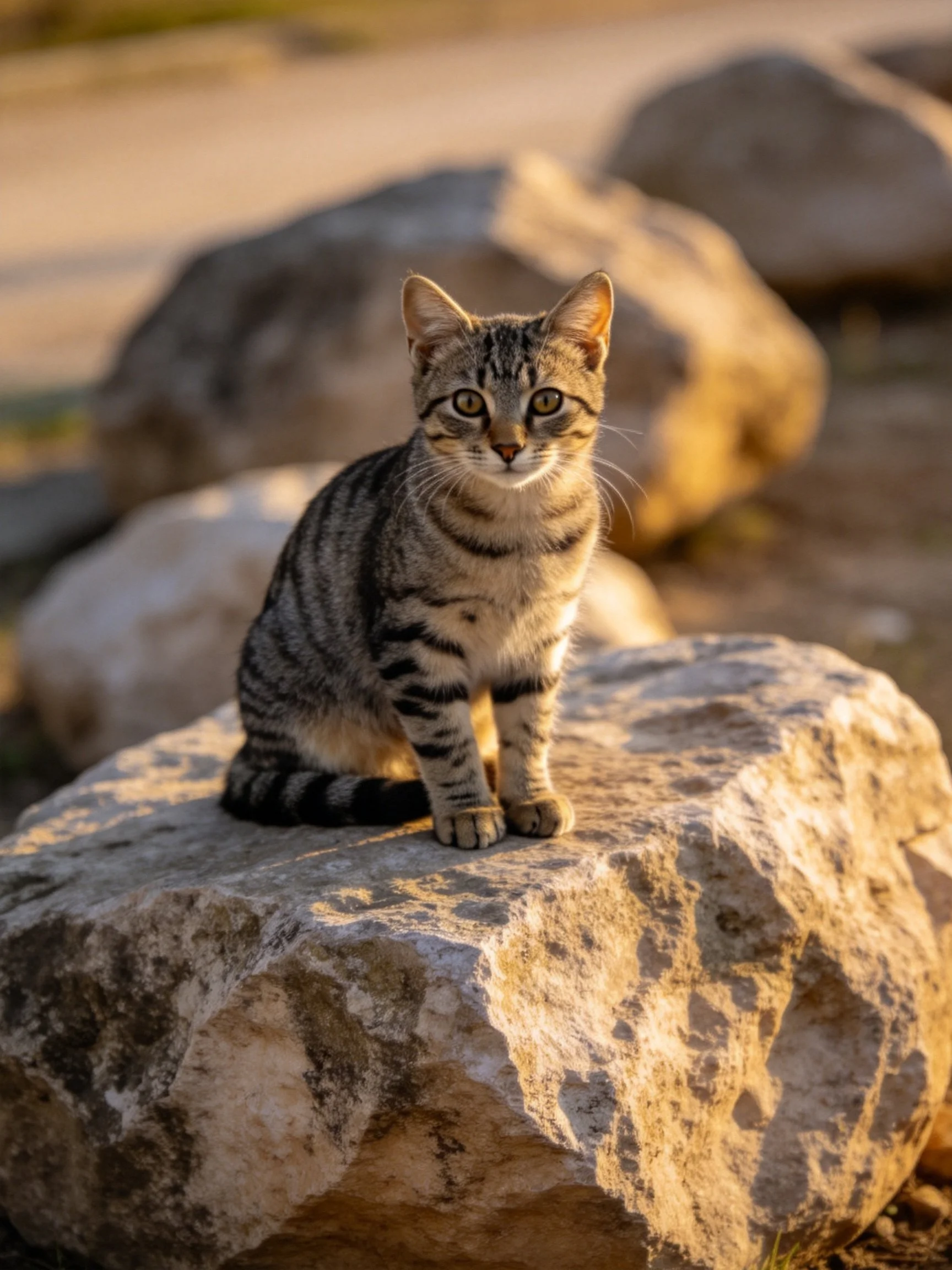 A striped tabby cat sits calmly on a large rock in a sunlit outdoor setting.
