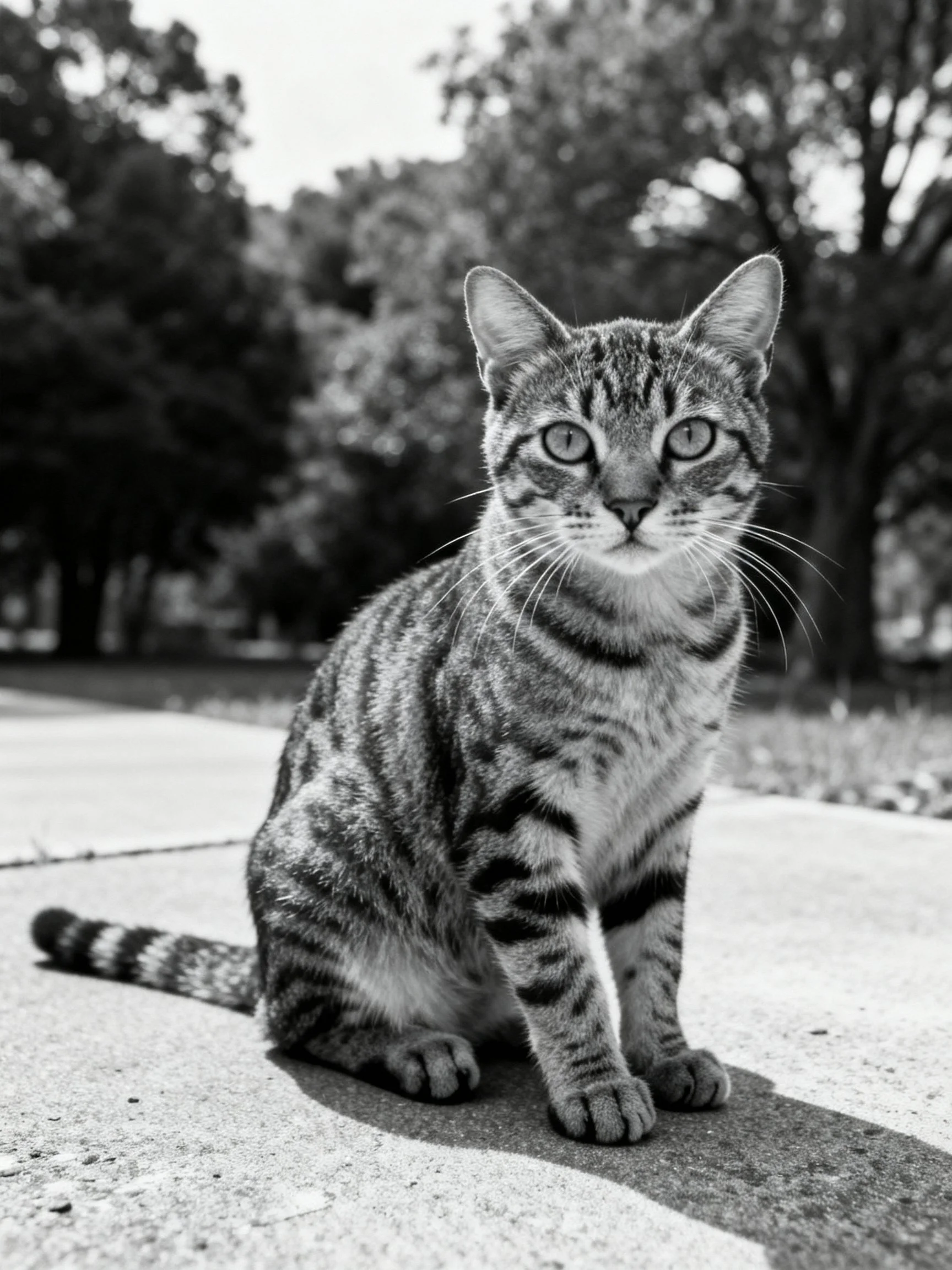 A striped tabby cat sits attentively on a concrete pathway