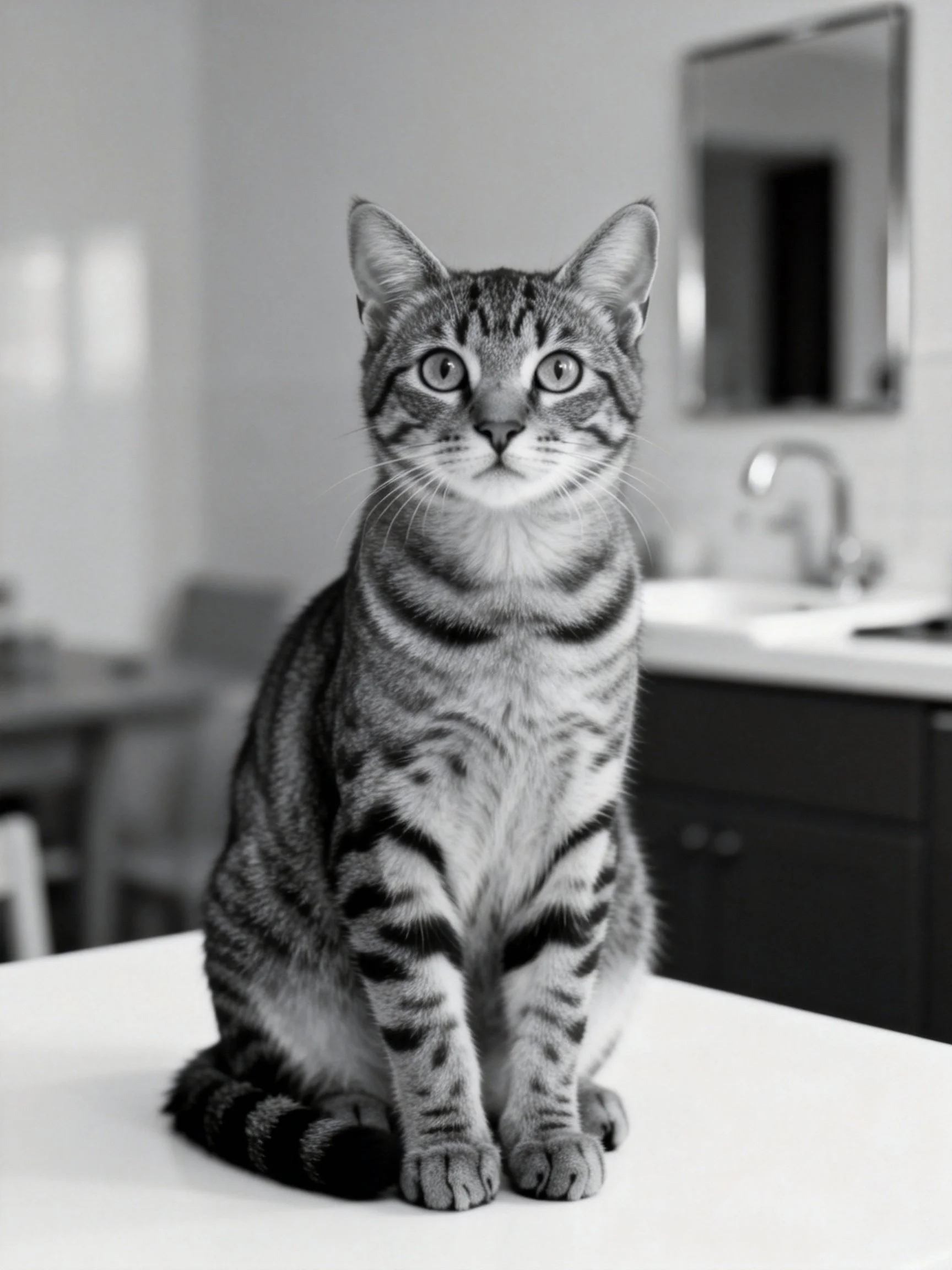 A striped tabby cat sits attentively on a white surface