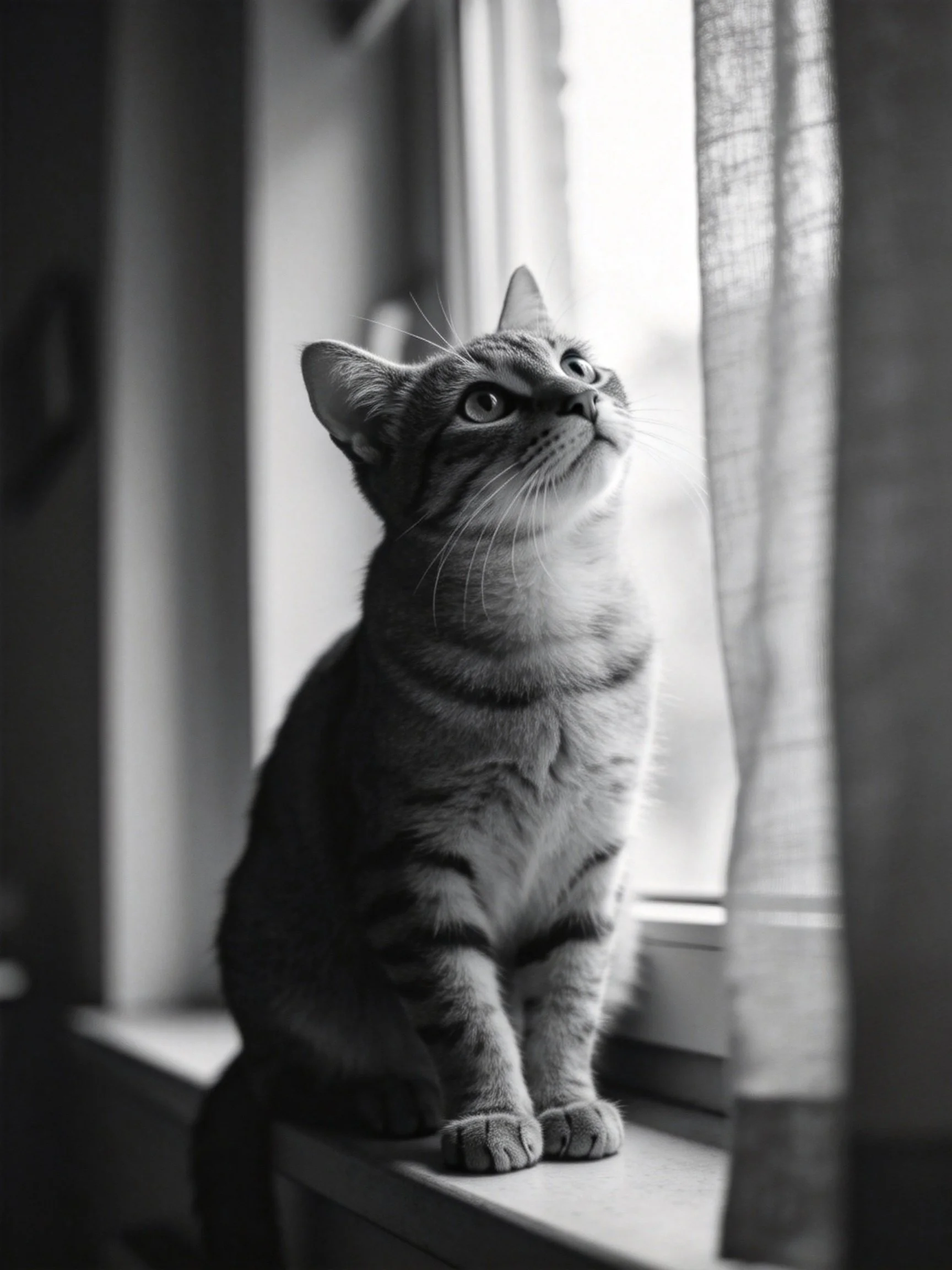 A striped tabby cat looks upward near a bright window with curtains.