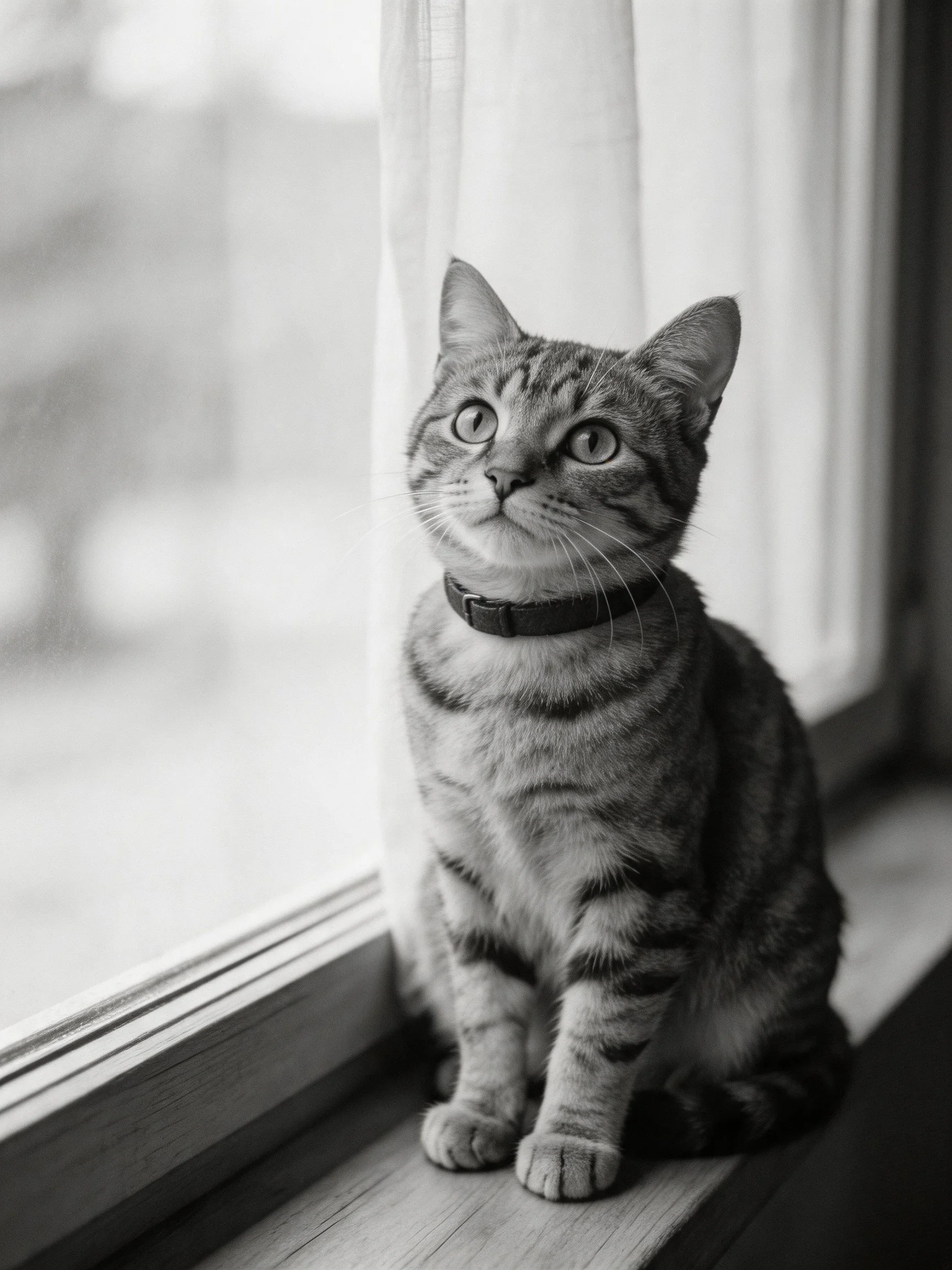 A striped tabby cat sits attentively by a window.