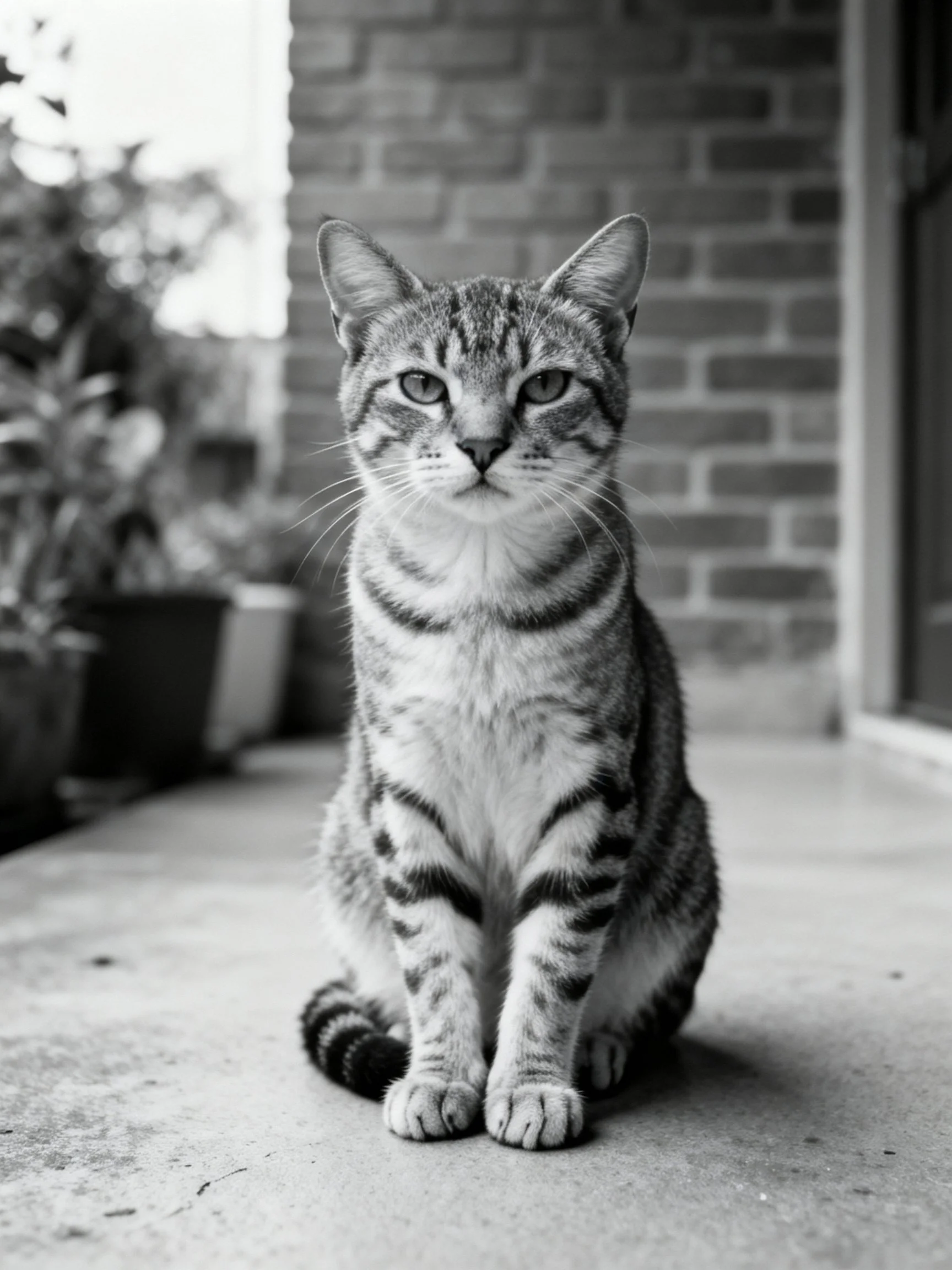 A striped tabby cat sits calmly on a concrete surface near a brick wall