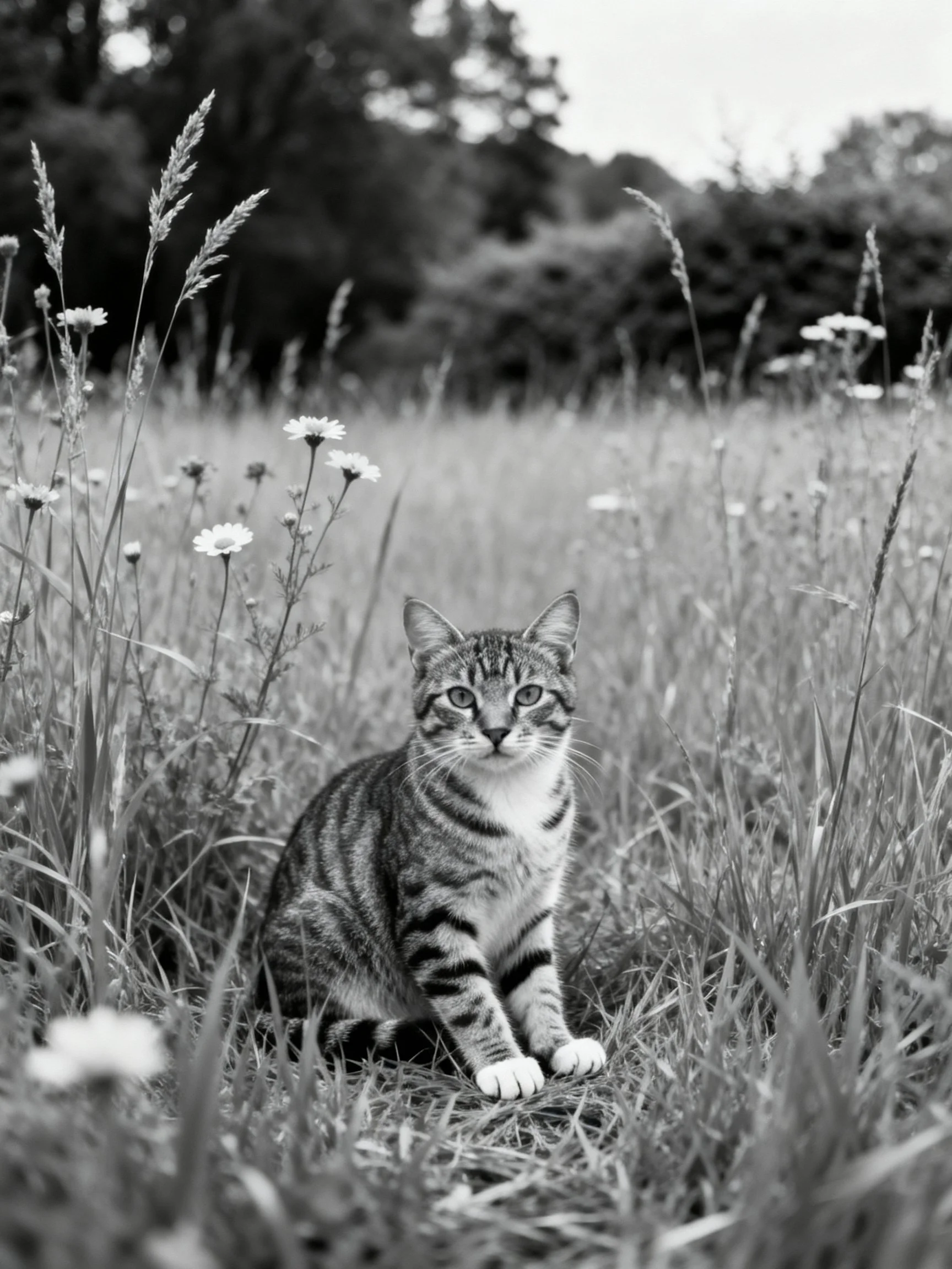 A tabby cat rests peacefully among tall grass and wildflowers