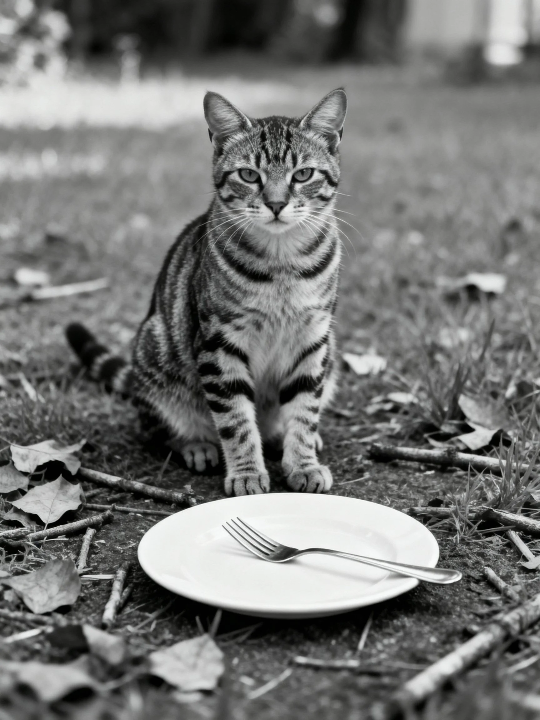 A tabby cat sits outdoors beside a plate with a fork.