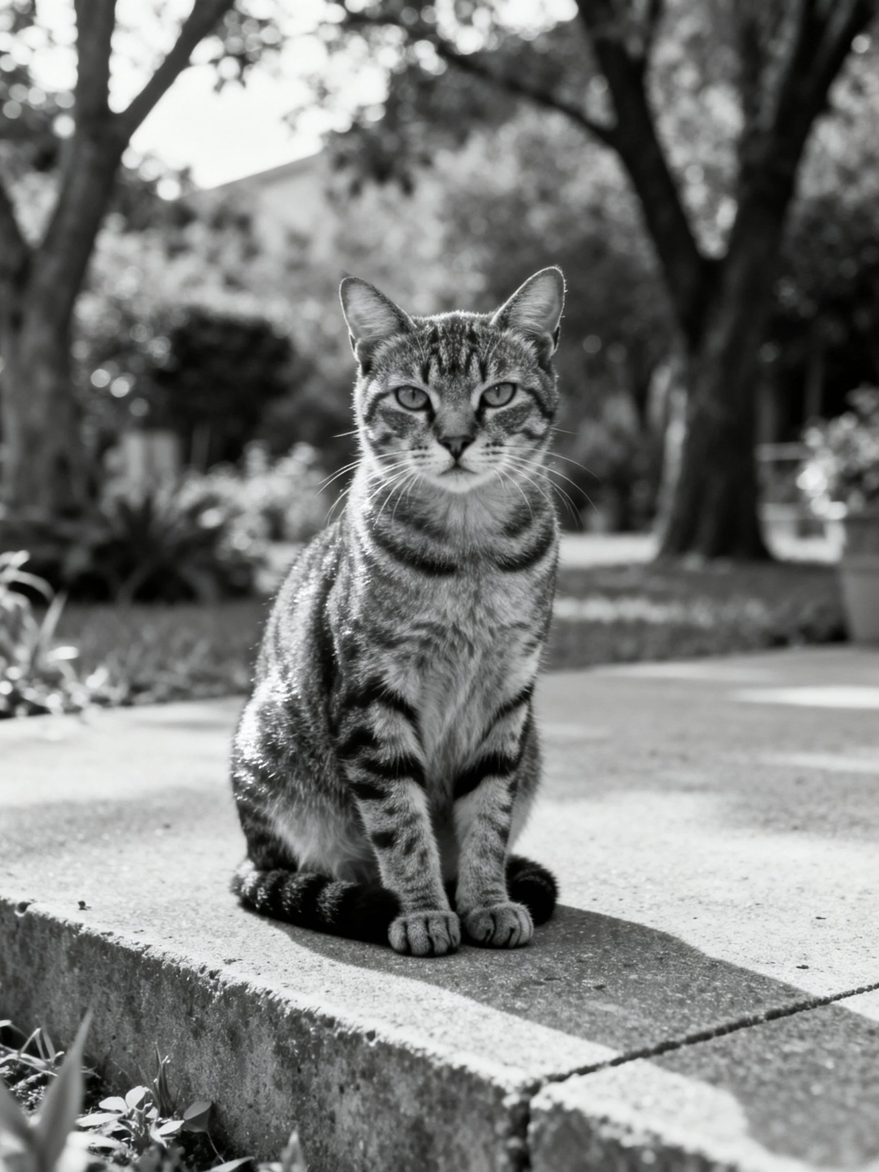 A striped tabby cat sits on a concrete ledge in a shaded garden