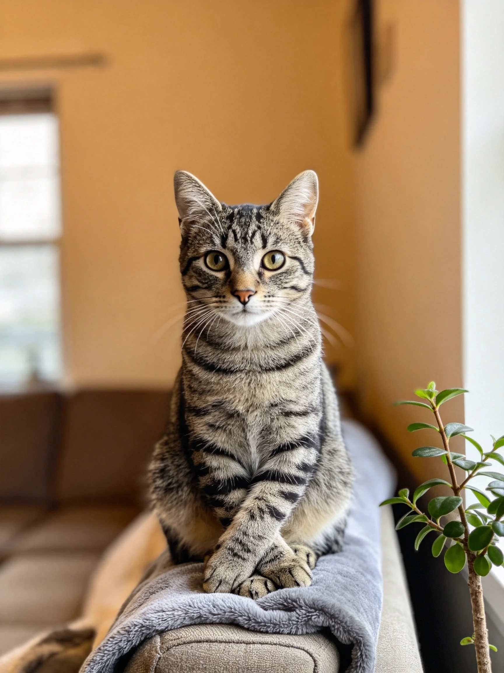 A striped tabby cat sits on a gray towel near a small plant