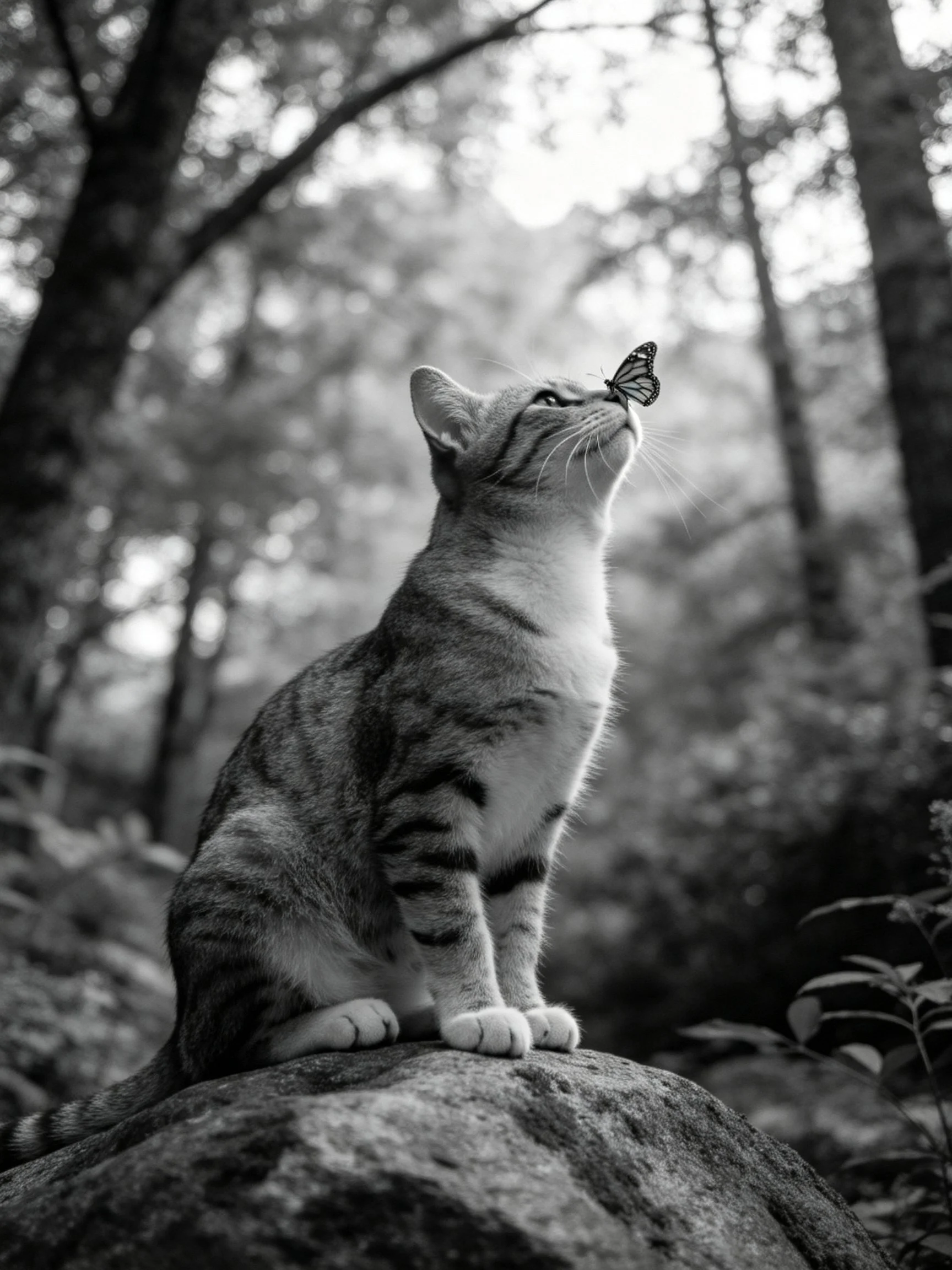 A striped tabby cat sits on a rock watching a butterfly in a forest