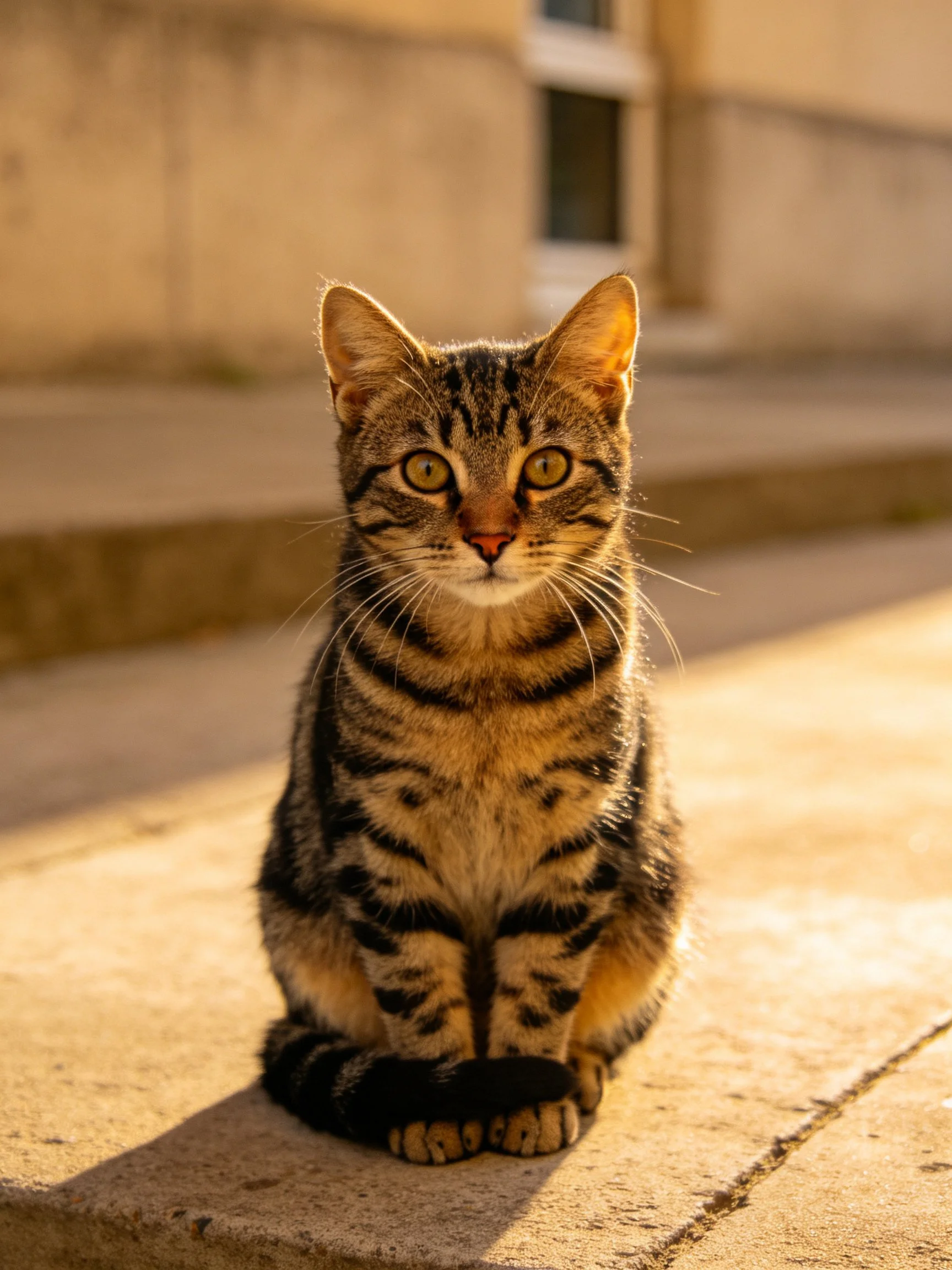 A striped tabby cat sits calmly on a sunlit stone surface.