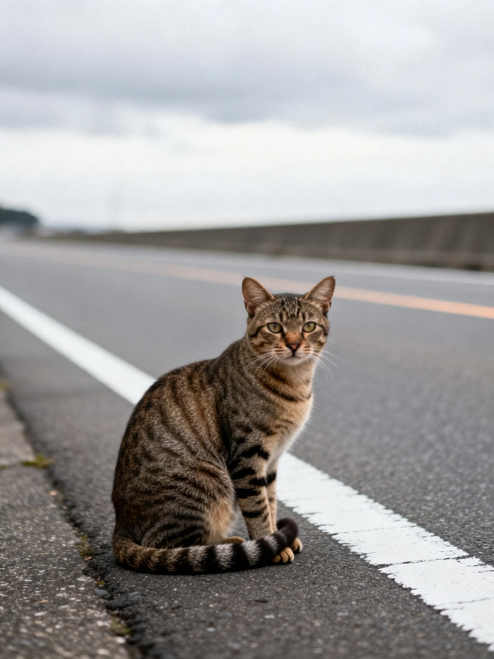 A tabby cat sits calmly on a wide, empty road