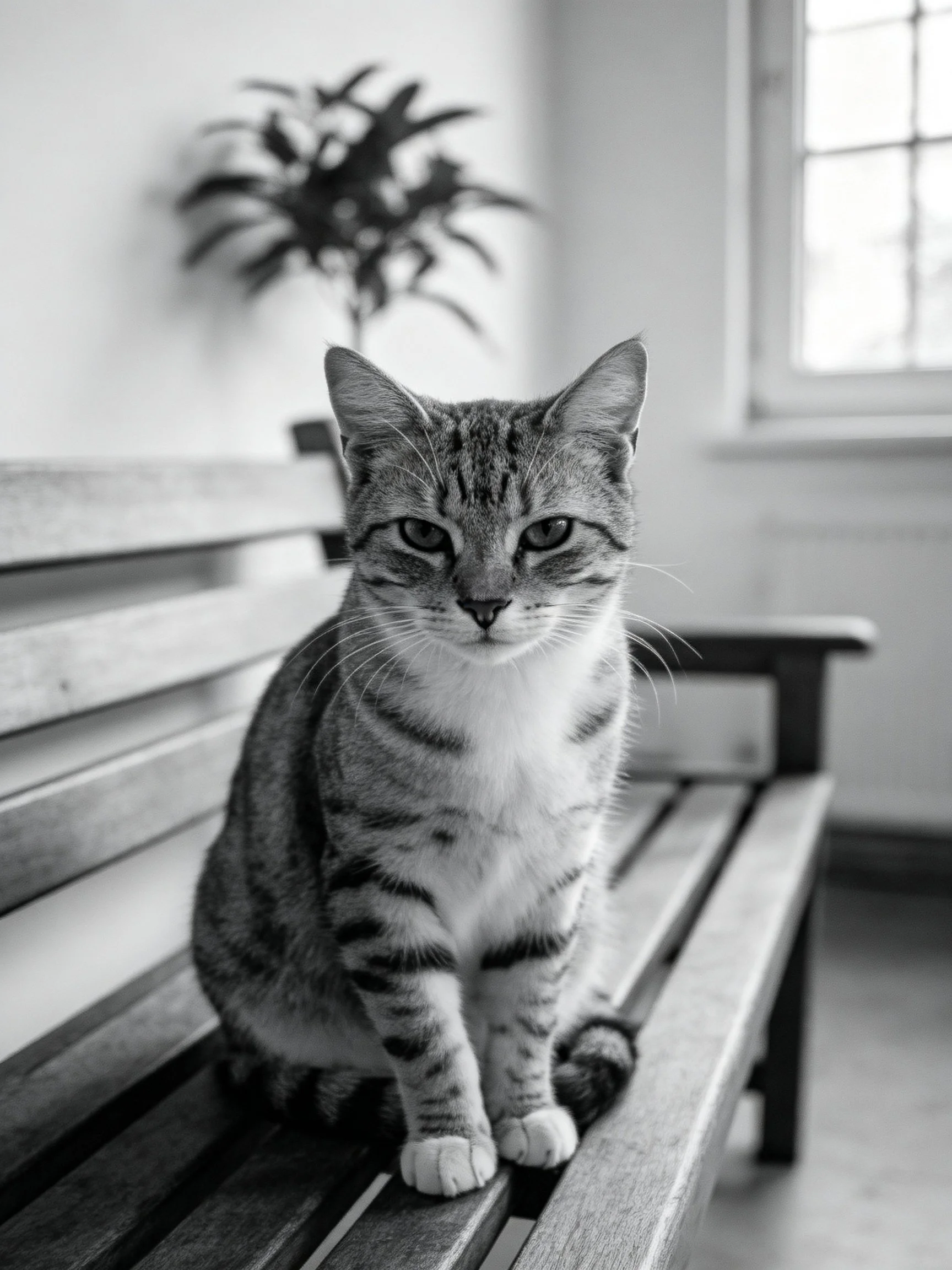 A tabby cat sits calmly on a wooden bench in a well-lit indoor setting.