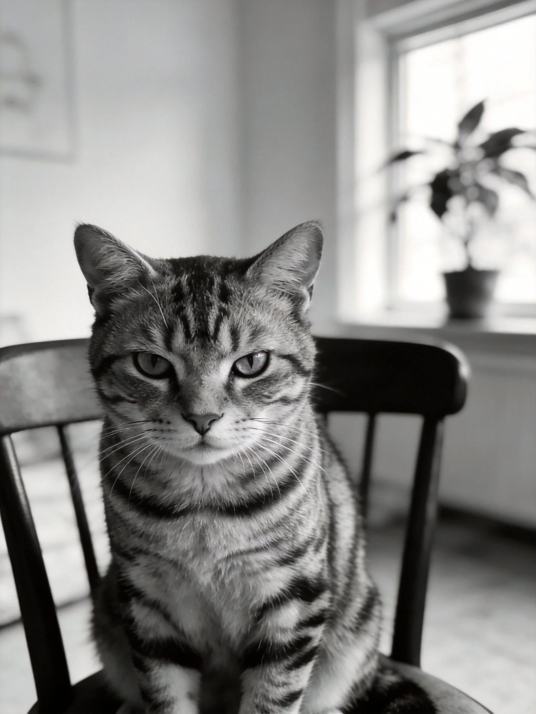A tabby cat sits on a chair in a sunlit room with a potted plant nearby