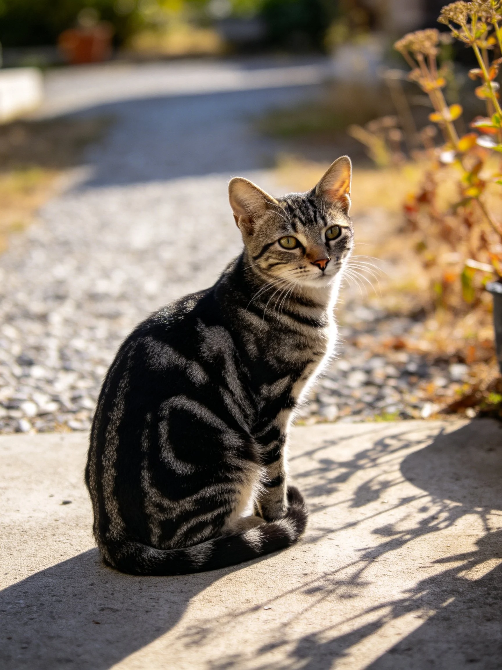 A striped tabby cat sits on concrete near a gravel path